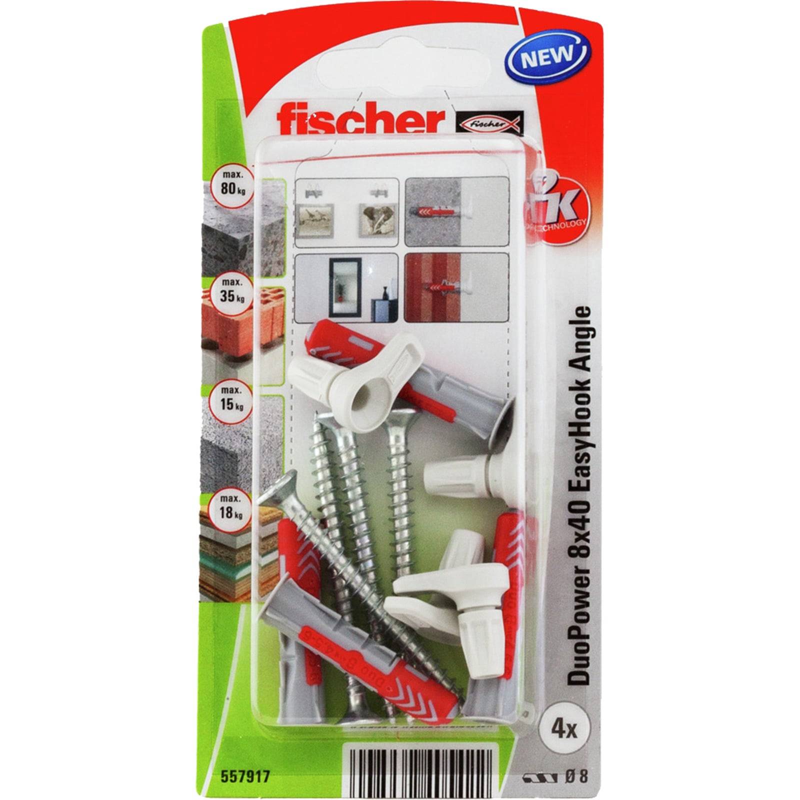 Ein Paket mit Fischer DuoPower 8x40 EasyHook Winkel inklusive Schrauben und Dübeln, konzipiert für eine sichere Befestigung auf verschiedenen Wandflächen.