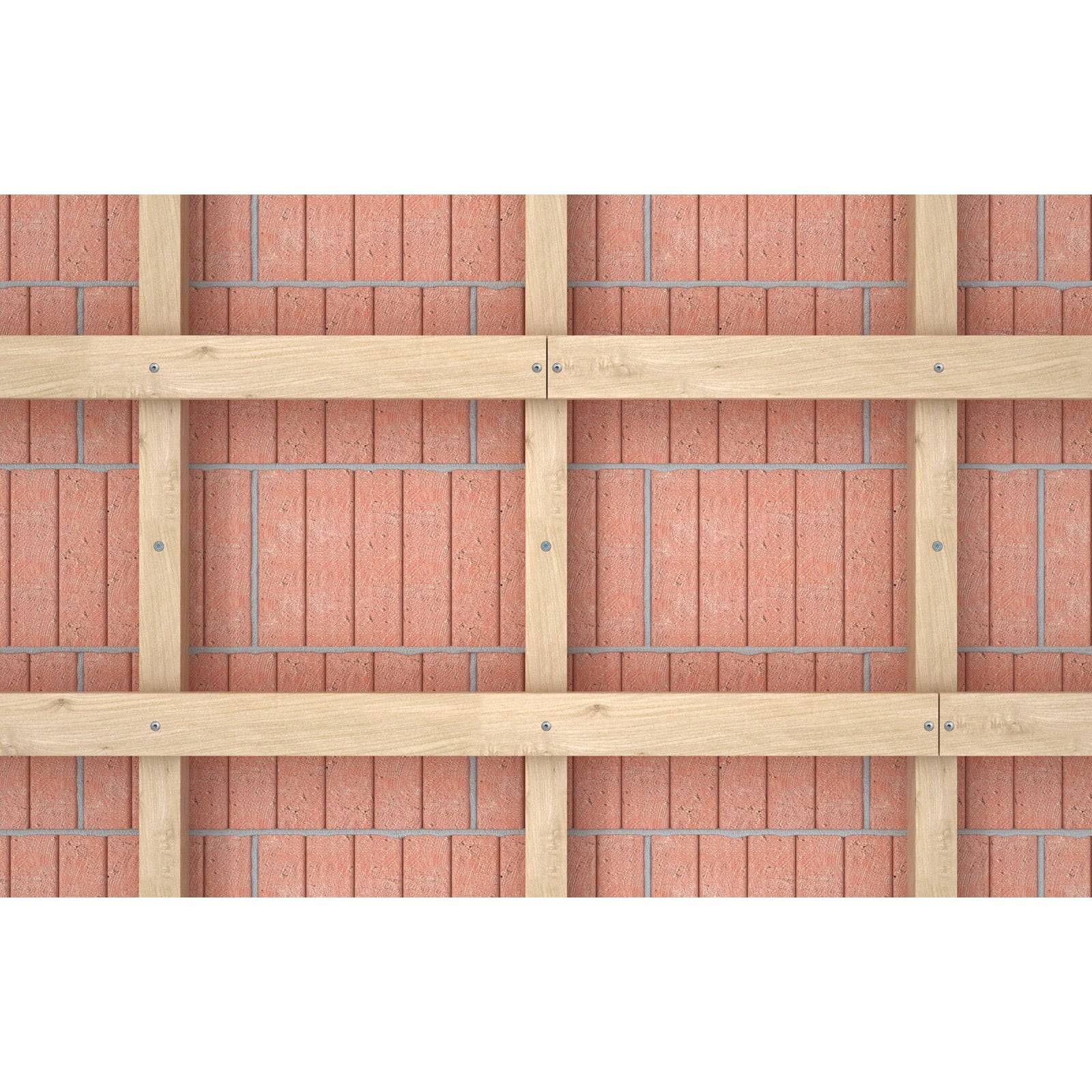 Ein Rastermuster aus Holzbalken überlagert einen strukturierten rosa Hintergrund und deutet auf ein strukturelles oder konstruktives Element hin.