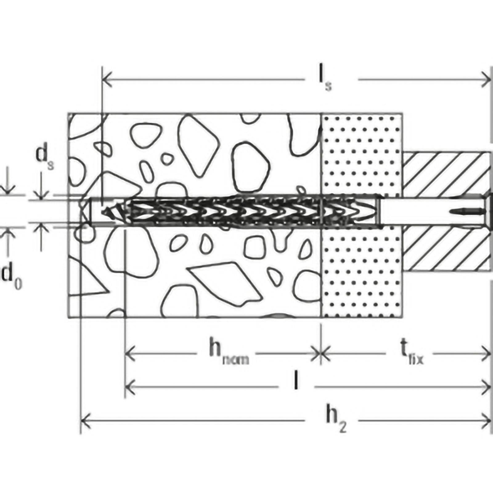 Darstellung eines Ankerbolzens, der in Beton eingebettet ist, mit beschrifteten Dimensionen: 'd_s', 'd_0', 'h_nom', 'l_s', 't_fix', 'h_2', 'l'.