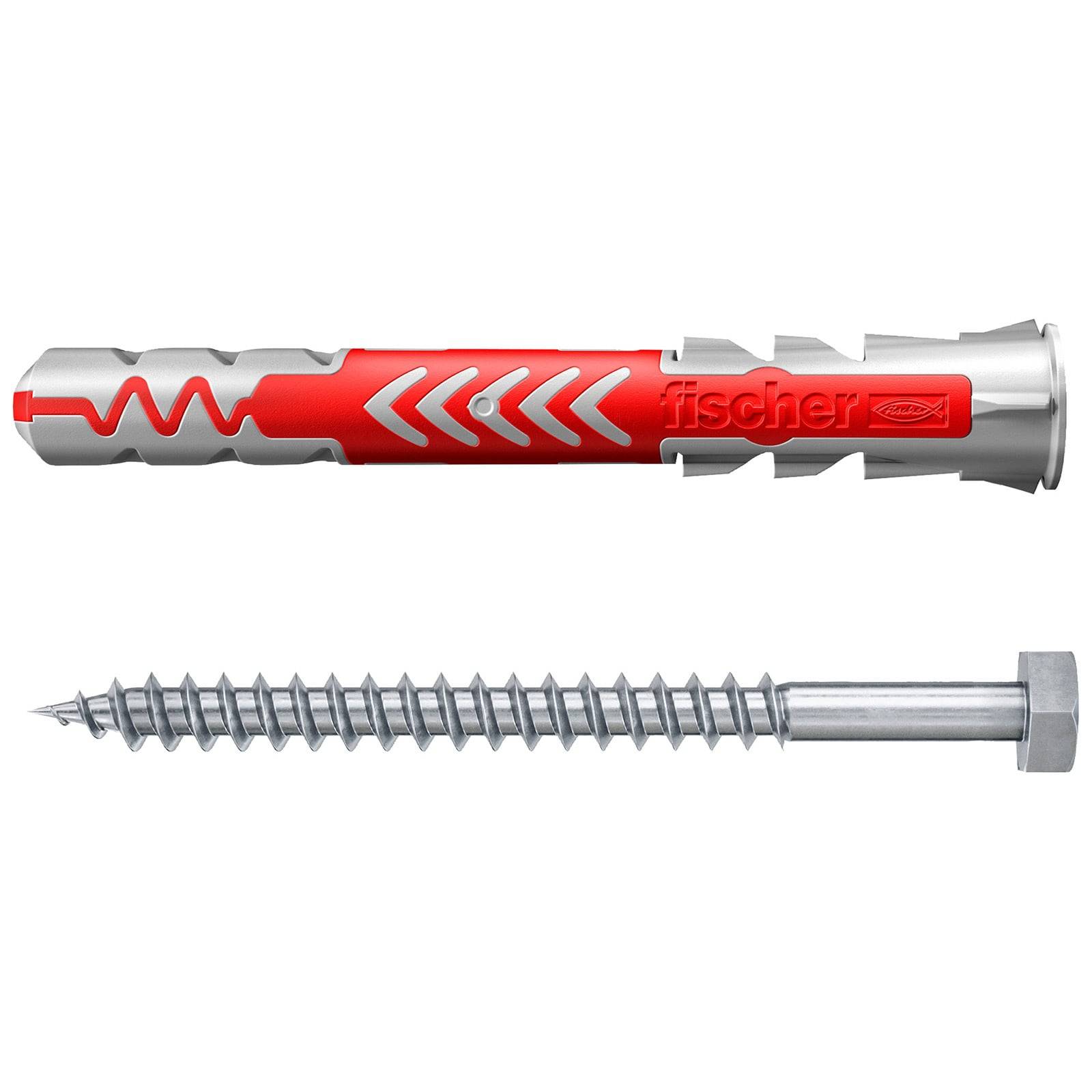An einer Wand ist ein Dübel und eine Metallschraube zu sehen. Der Dübel ist rot und grau mit einem 'fischer' Logo. Die Schraube verfügt über einen sechskantigen Kopf.