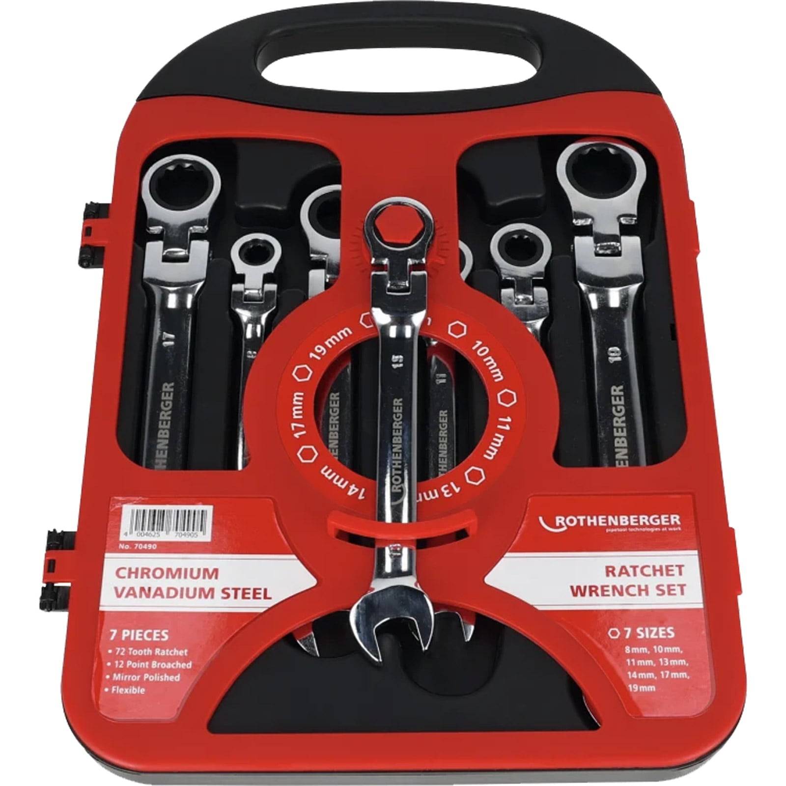 Rothenberger Ratschenschlüssel-Set mit 7 Teilen aus Chrom-Vanadium-Stahl, flexibel, mit Größen von 8 mm bis 19 mm in einer roten Koffer.