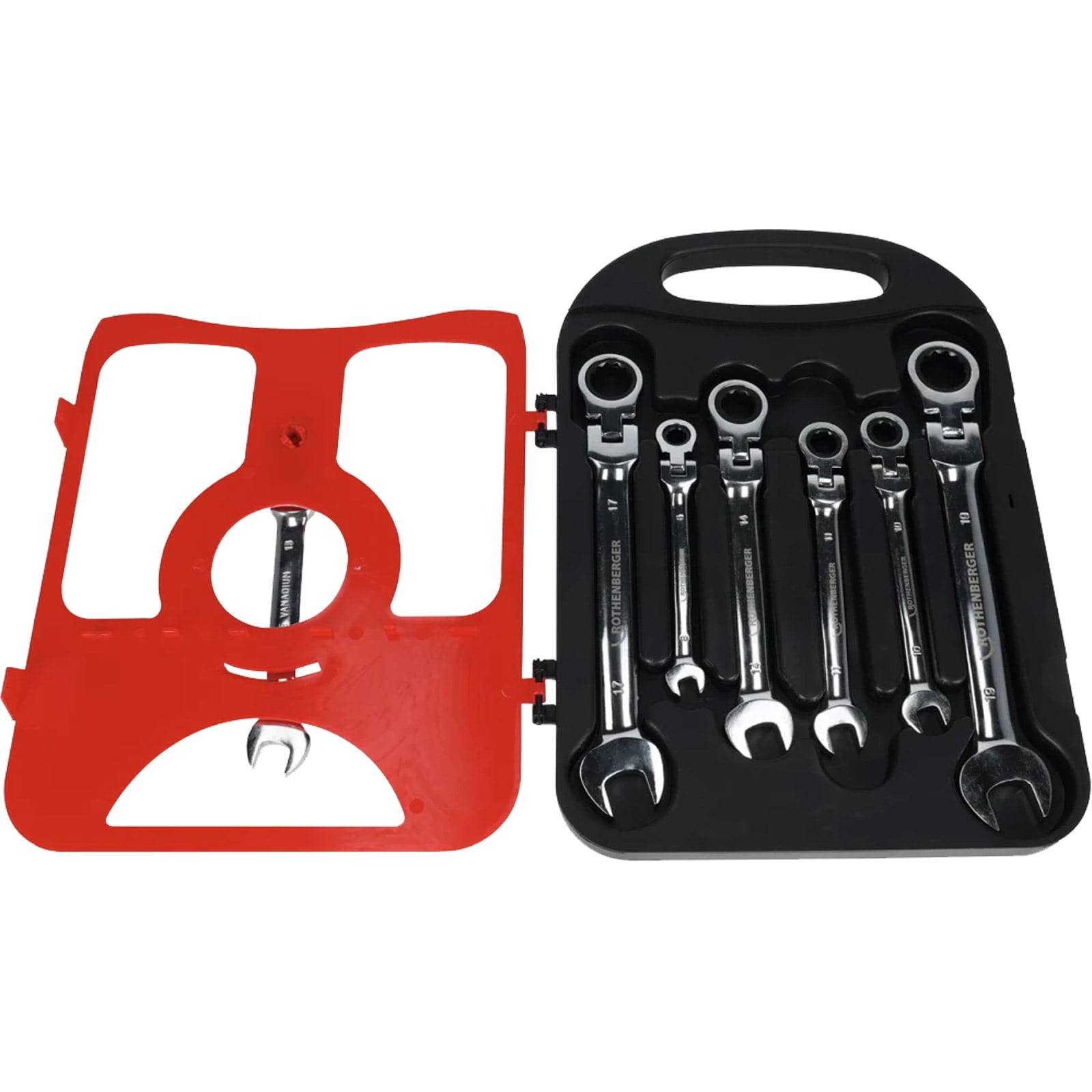 Ein Satz von fünf Ratschenschlüsseln unterschiedlicher Größen ist ordentlich in einem schwarzen Tragekoffer angeordnet. Der geöffnete Koffer enthüllt eine rote herausnehmbare Abdeckung.