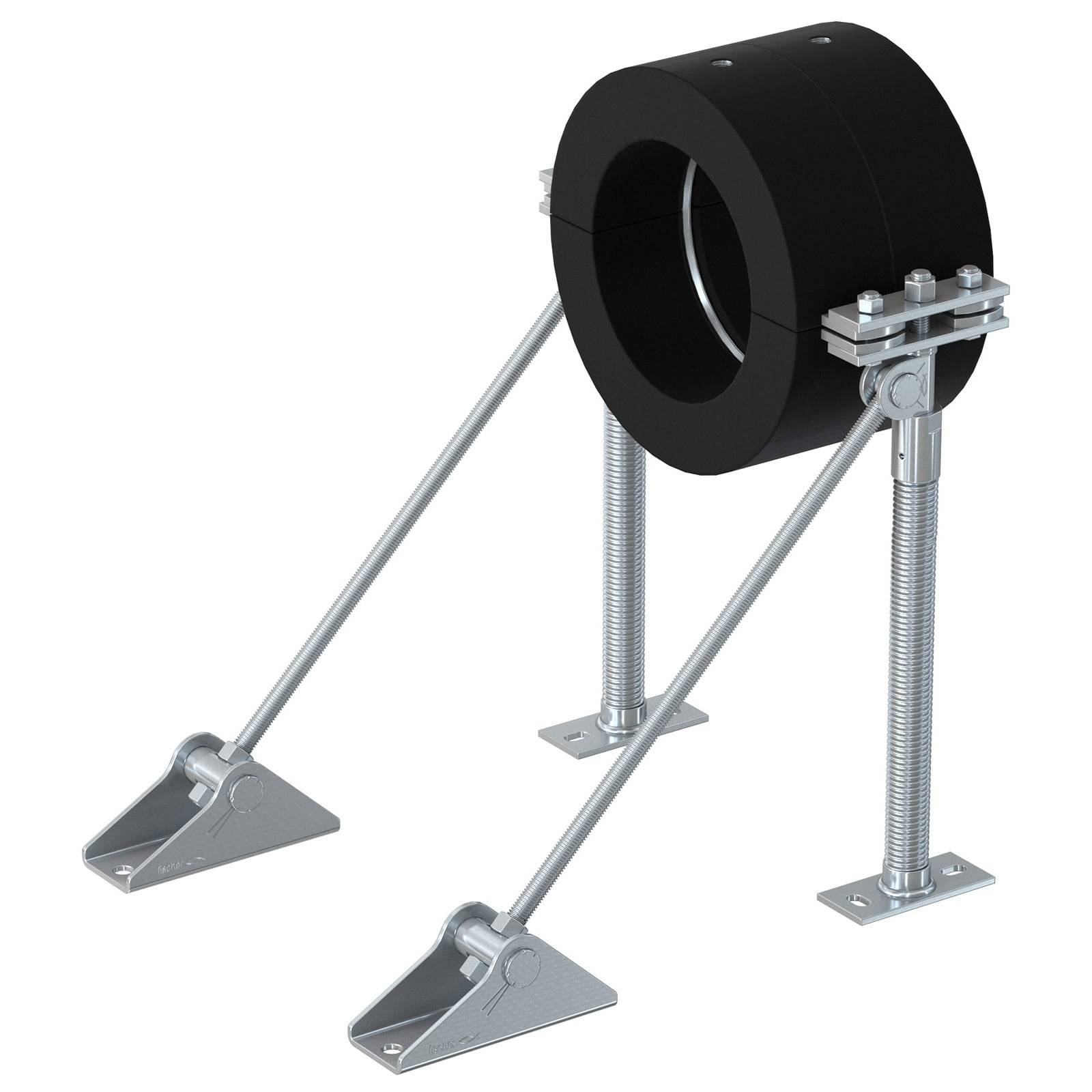 Eine Gummirohrhalterung mit einem zylindrischen Kissen, das auf einer Metallbasis montiert ist und mit schräg angeordneten Stäben zur Stabilisierung und Schwingungsreduzierung versehen ist.