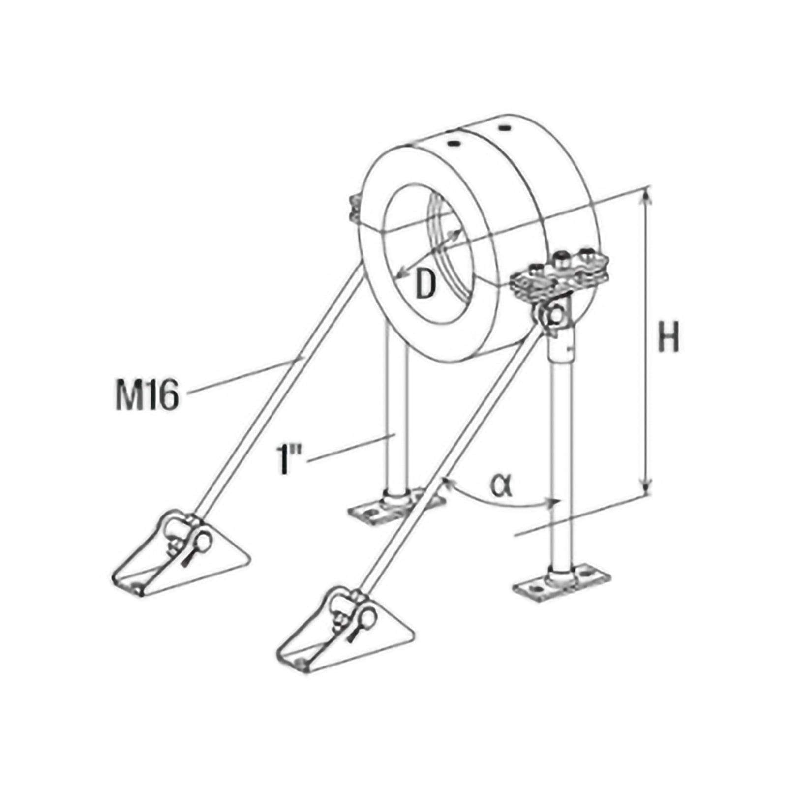 Eine Darstellung einer Rohrhalterung mit beschrifteten Abmessungen: M16-Schraube, 1-Zoll-Rohr, Durchmesser D, Winkel Alpha und Höhe H.