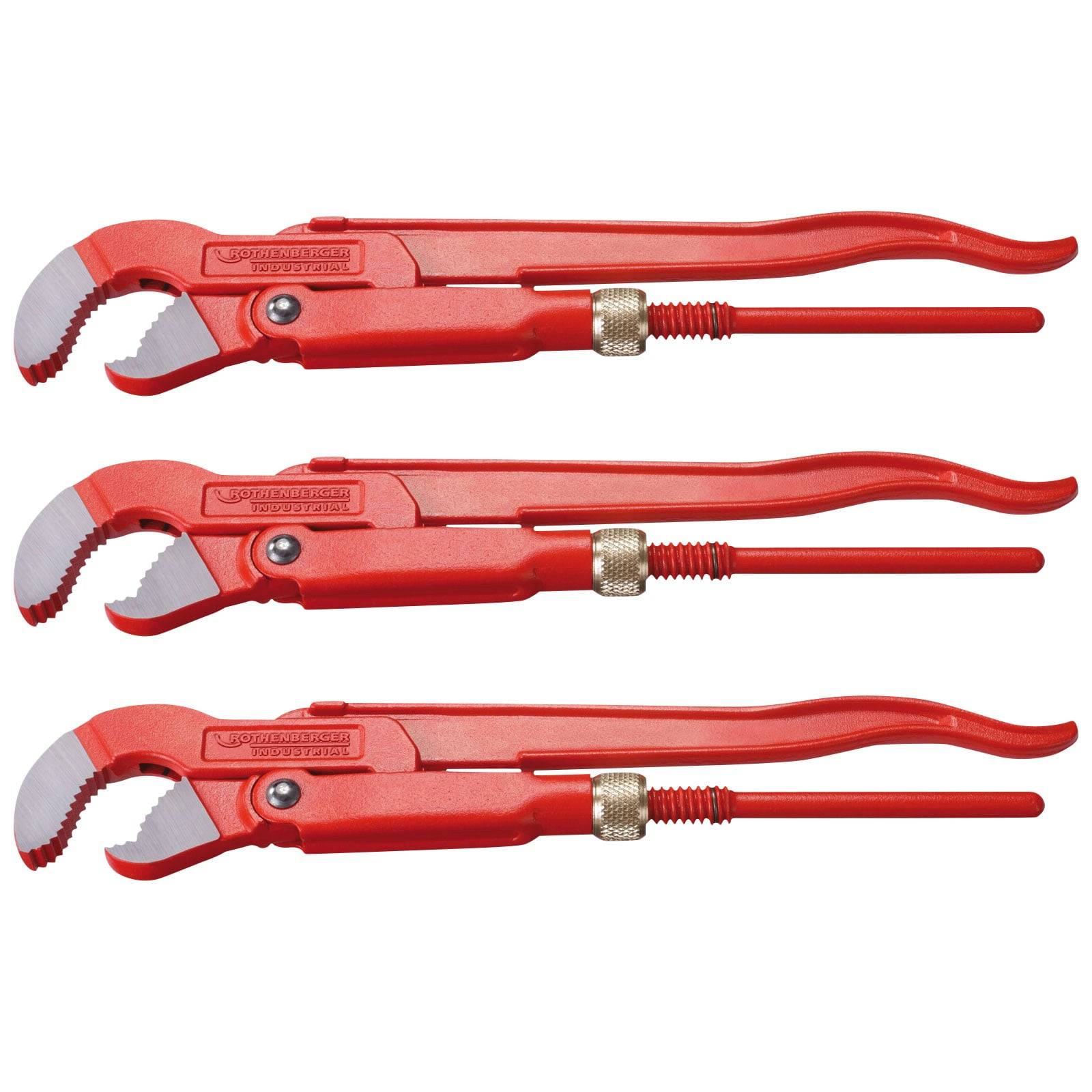 Drei rote Wasserpumpenzangen, horizontal ausgerichtet, mit gezahnten Backen und verstellbaren Griffen, die professionelle Werkzeuge präsentieren.