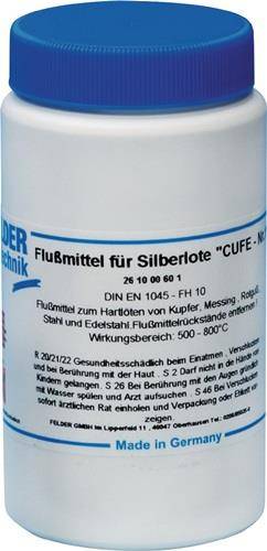 Der Aufkleber zeigt eine Beschriftung mit deutscher Text über Flussmittel zum Silberlöten, einschließlich technischer Spezifikationen und Sicherheitswarnungen.
