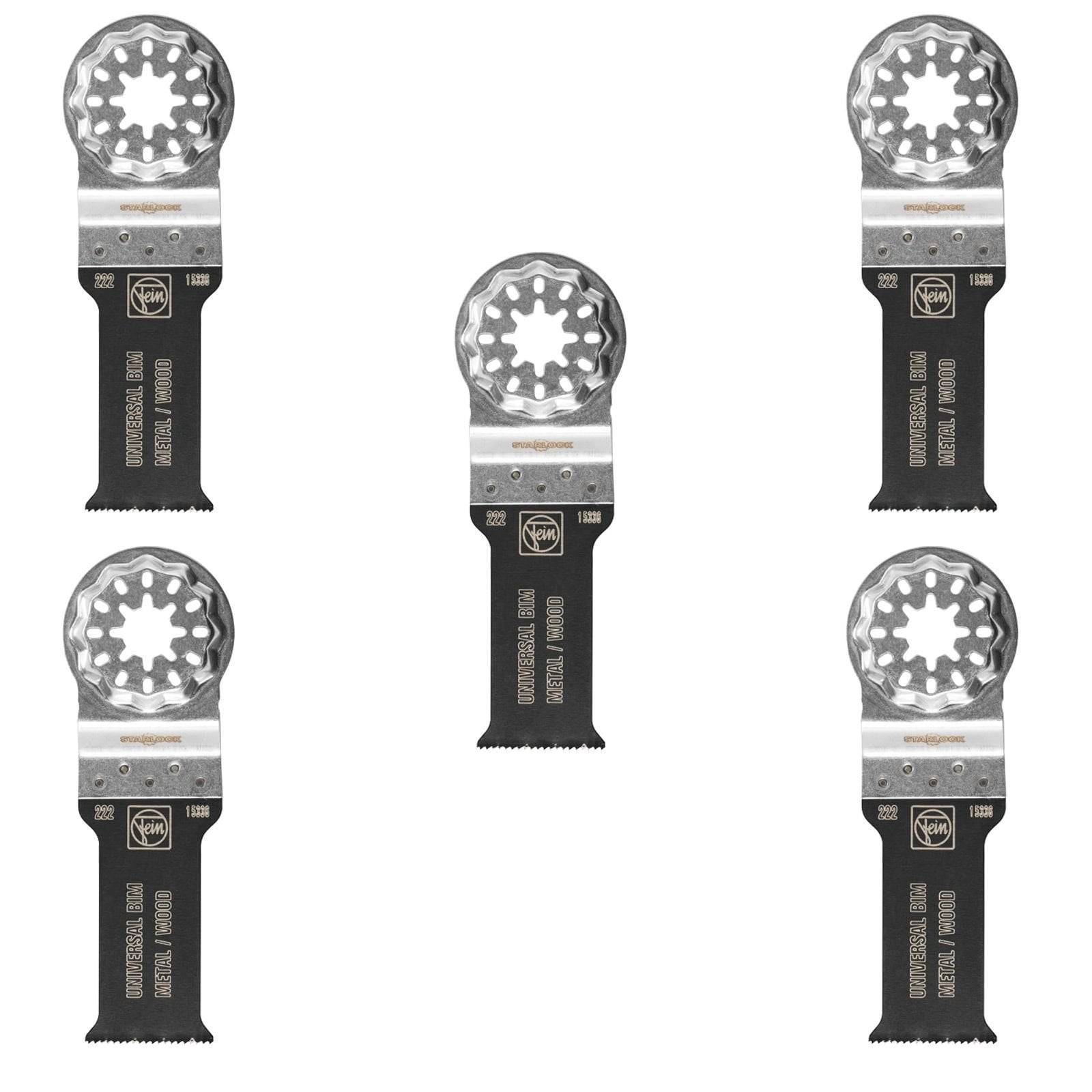 Fünf identische oszillierende Multifunktionswerkzeug-Klingen, jeweils mit einer silbernen gezahnten Kante und schwarzer Basis, sind gleichmäßig vor einem weißen Hintergrund angeordnet.