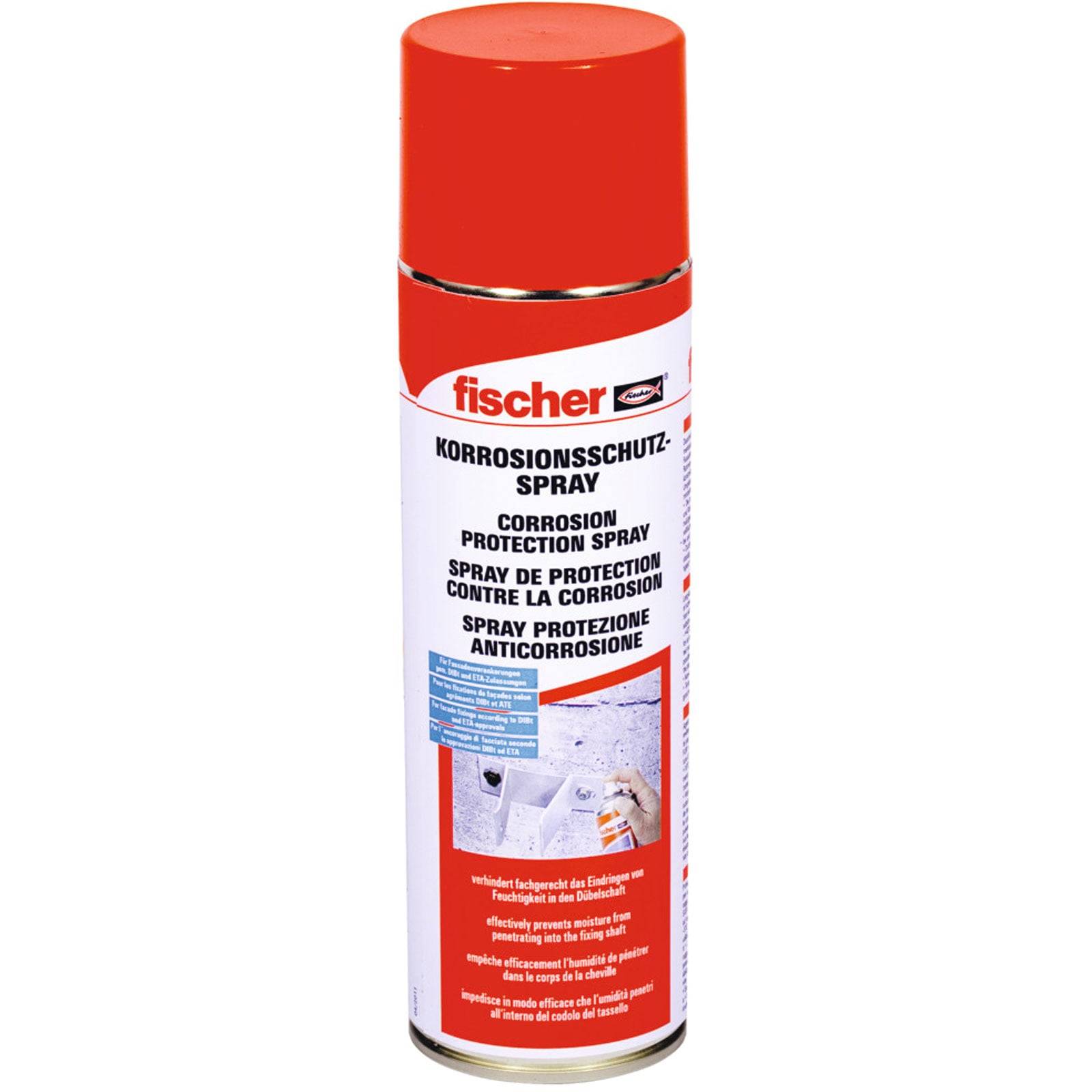 Eine rote und weiße Dose 'fischer Korrosionsschutz-Spray' mit Etiketten in mehreren Sprachen, verwendet für Korrosionsschutz.