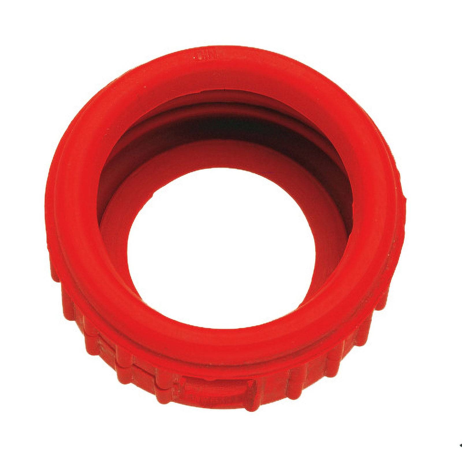 Ein hellroter Plastik-Schraubverschluss mit gerippter Außenseite, der typischerweise zum Verschließen von Flaschen oder Gläsern verwendet wird.