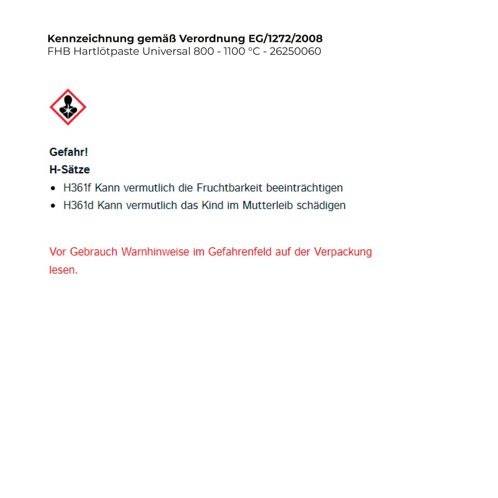 Warnhinweis für Hartfobel Universal Paste bezüglich potenzieller Gesundheitsrisiken: „Kann die Fruchtbarkeit beeinträchtigen