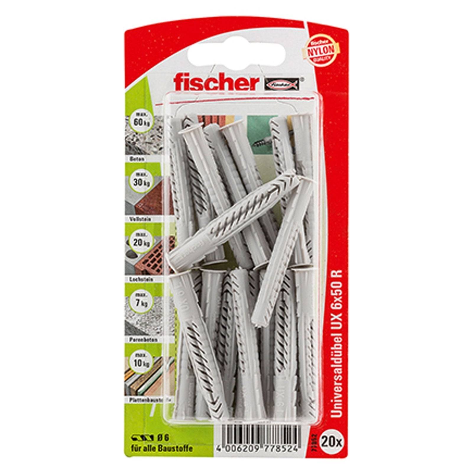 Packung Fischer Universaldübel aus Nylon, 6x50 mm, geeignet für verschiedene Baustoffe, mit Symbolen für Festigkeitsdetails.