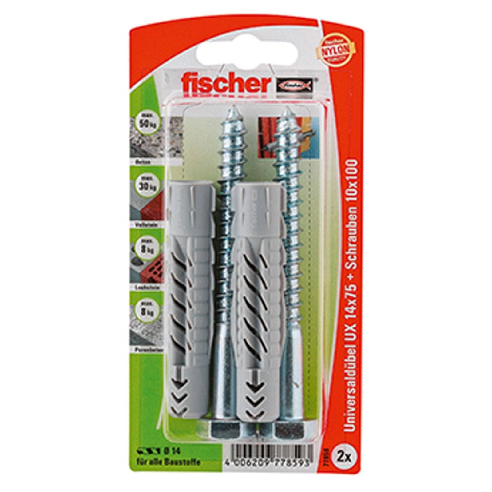 Bild eines Fischer-Schrauben- und Dübelsatzes, Größe 10x100 mm, mit zwei Metallschrauben und zwei grauen Kunststoff-Wanddübeln. Verpackung hebt Verwendungsinformationen hervor.