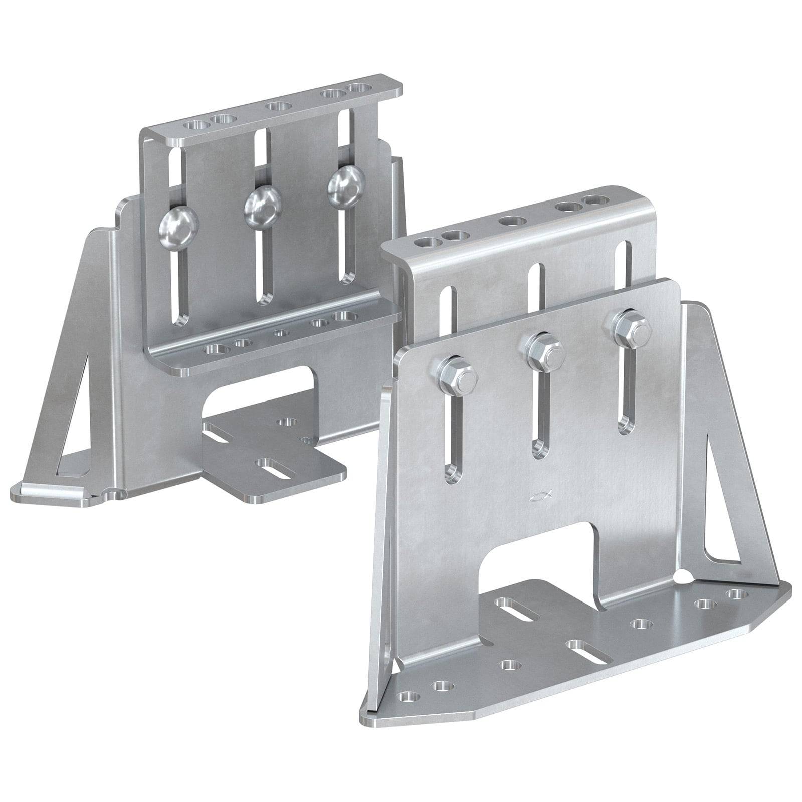 Zwei silberne Metallmontagehalterungen mit mehreren Schlitzen und Schrauben für verstellbare Unterstützung.