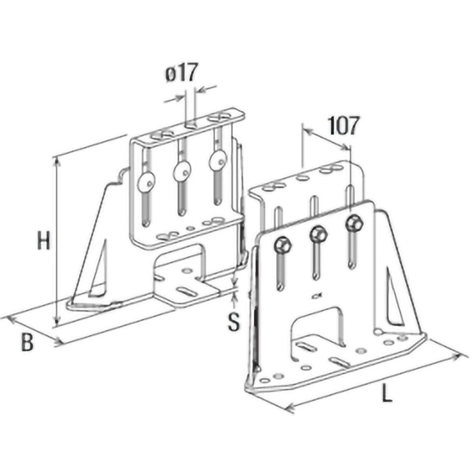 Diagramm der Metallhalterungsabmessungen mit Darstellung der Winkel und Lochanordnungen. Bemerkenswerte Maße: Durchmesser 17, Höhe H, Länge L, Basis B, Spannweite S.