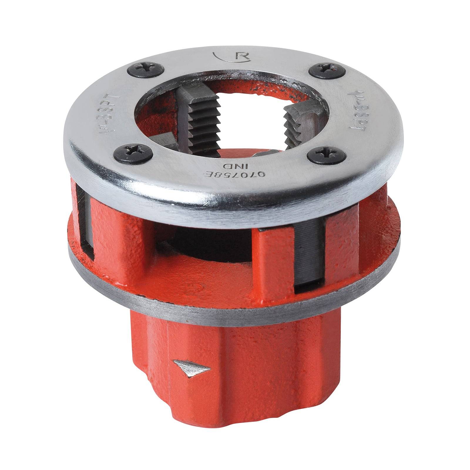 Rotes Metallrohrgewindewerkzeug mit Chromring und Schneidezähnen zum manuellen Gewindeerschließen von Rohren.