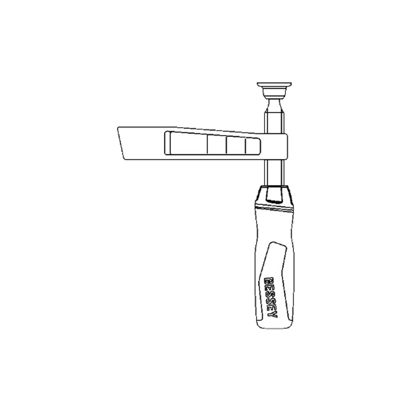 Eine Linienzeichnung einer Bessey-Zwinge mit einem verstellbaren Arm und einem Griff, die zum Befestigen von Materialien bei Holz- oder Metallarbeiten verwendet wird.