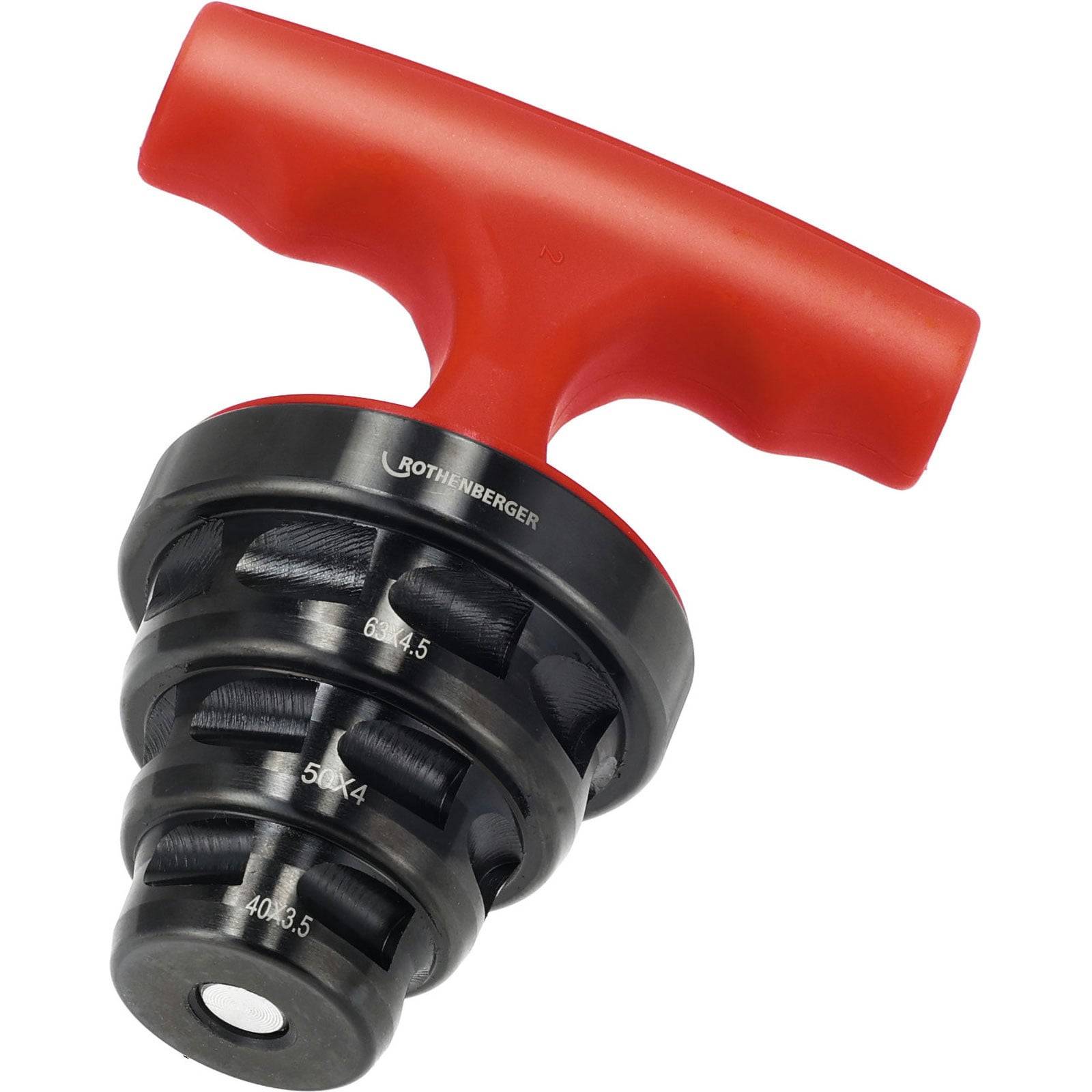 Ein roter T-Griff-Rohrentgratungswerkzeug mit mehreren auswechselbaren Klingengrößen, entwickelt zum Entfernen von Graten von den Innenkanten von Rohren.