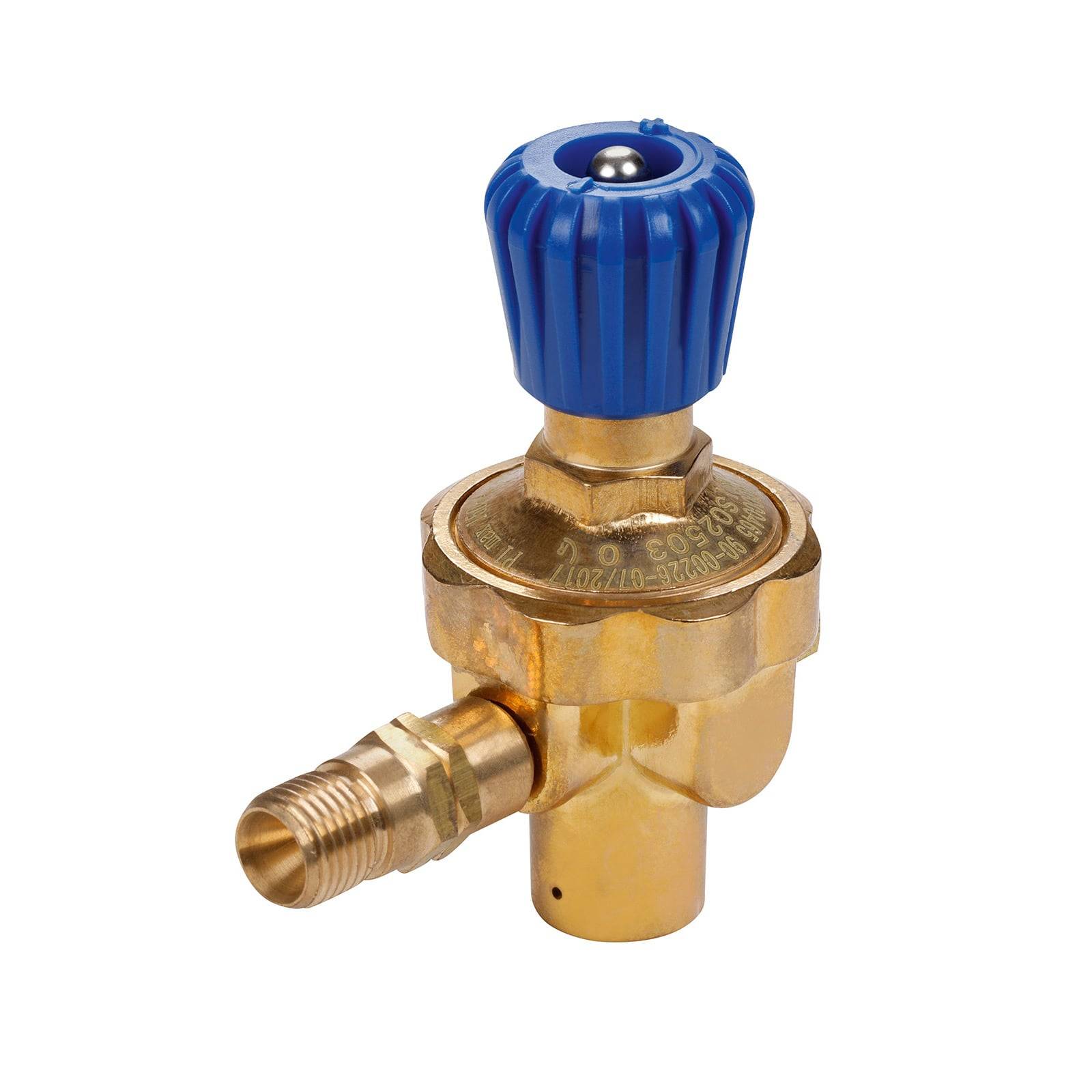 Ein Messingdruckregler mit einem blauen Einstellknopf und einem angeschlossenen Schlauchanschluss, der zur Steuerung des Gas- oder Fluiddrucks verwendet wird.