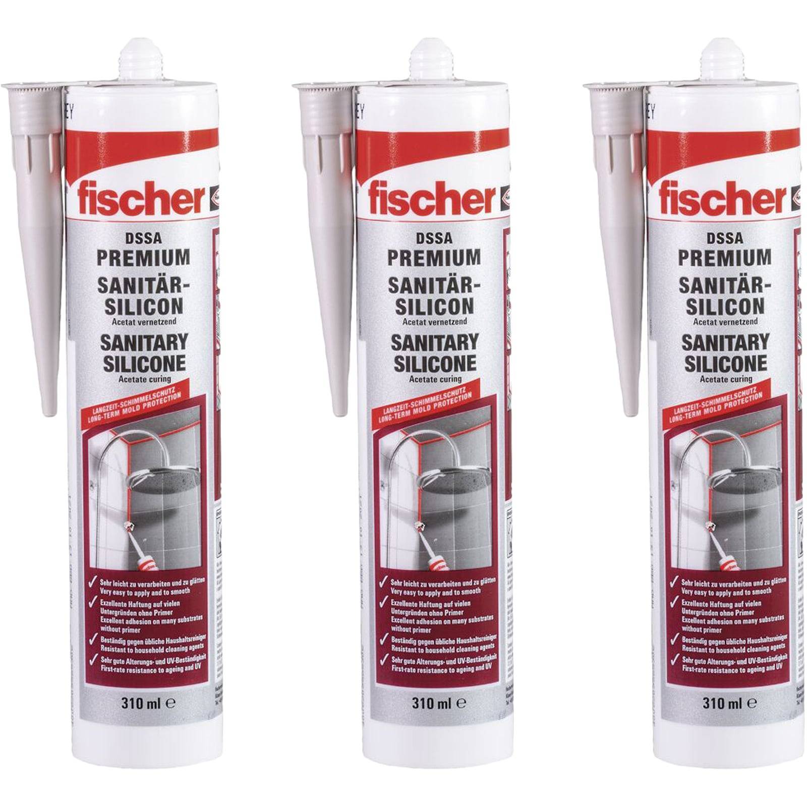 Drei Tuben Fischer Premium Sanitärsilikon, je 310 ml, mit angesetzten Düsen. Vorgesehen für sanitäre Abdichtungsarbeiten.