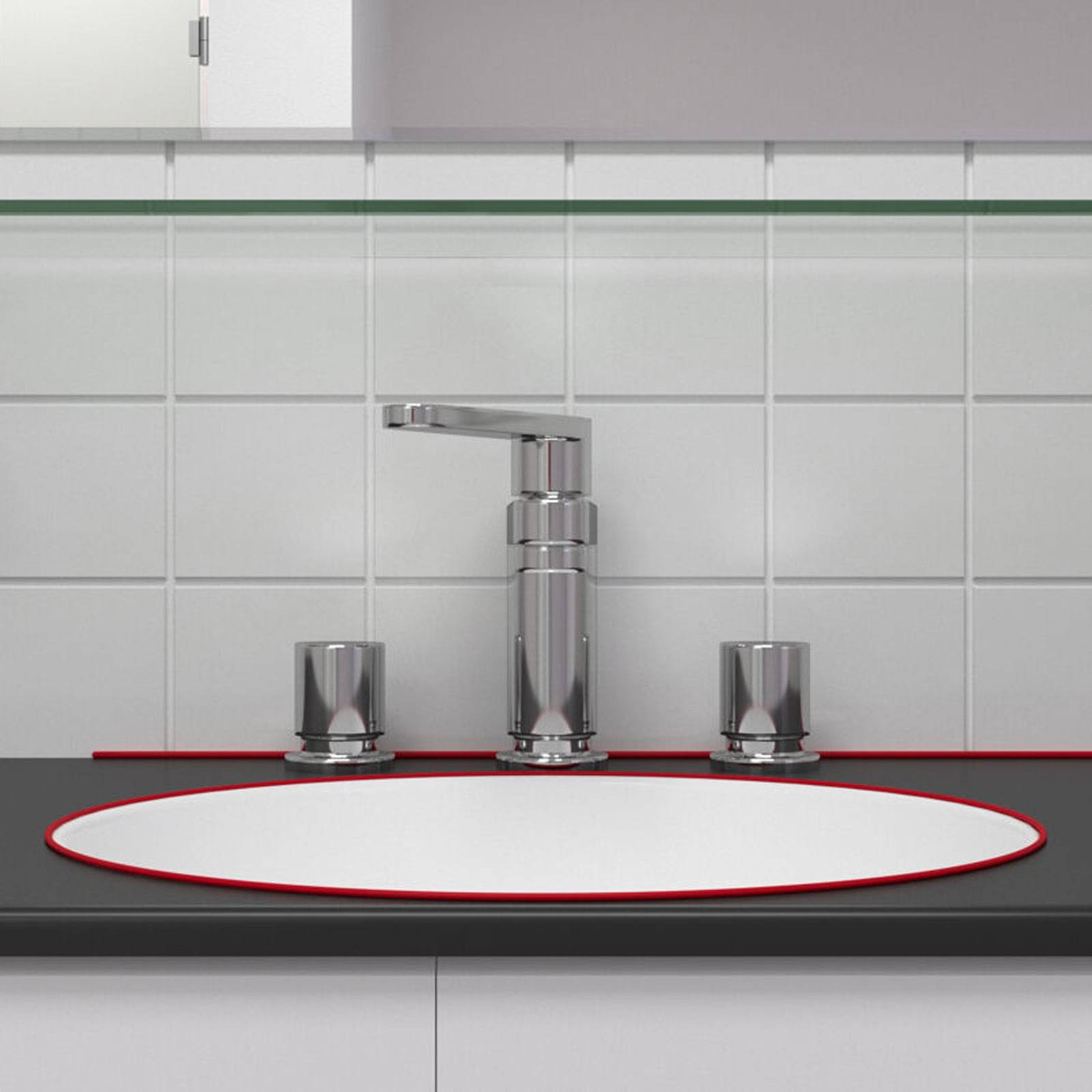 Modernes Waschbecken mit einem elegantem silbernen Wasserhahn und separaten Griffen, vor einem Hintergrund von weißen gefliesten Wänden.