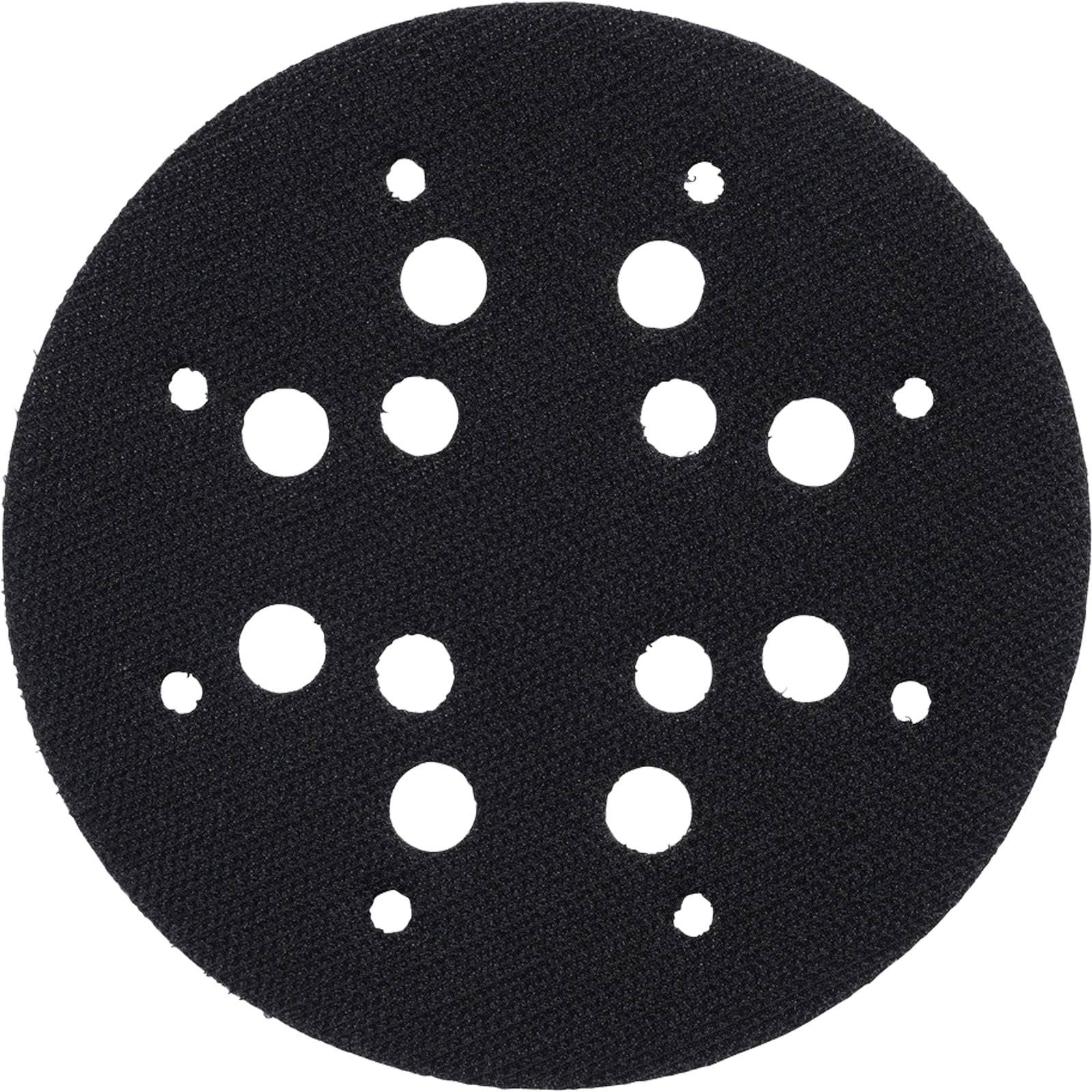 Eine schwarze runde Schleifscheibe mit mehreren gleichmäßig verteilten Löchern zur Befestigung an einem Schleifgerät.