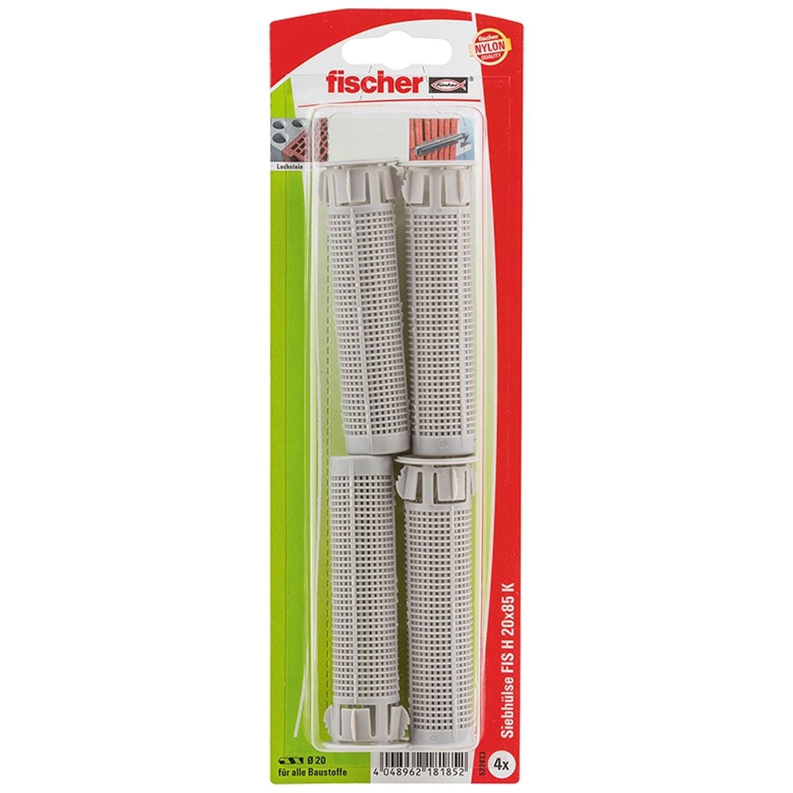 Vier Fischer-Wanddübel in einer roten und grünen Verpackung, mit der Bezeichnung S3, geeignet für verschiedene Baustoffe.