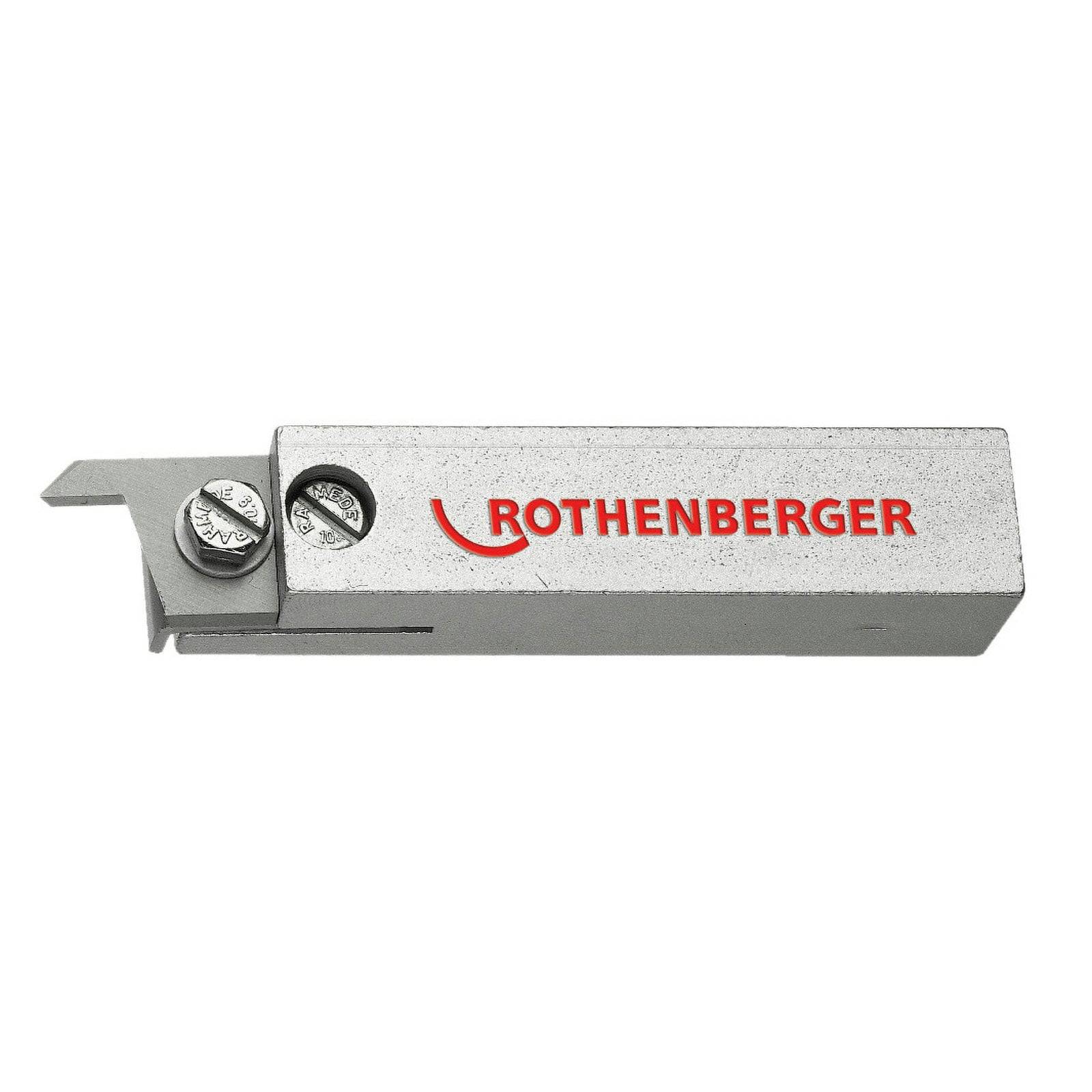 Ein Metallrohr-Entgratungswerkzeug mit dem rot aufgedruckten 'ROTHENBERGER' Logo auf der Oberseite, ausgestattet mit einer Klinge und zwei seitlichen Schrauben zur Einstellung.