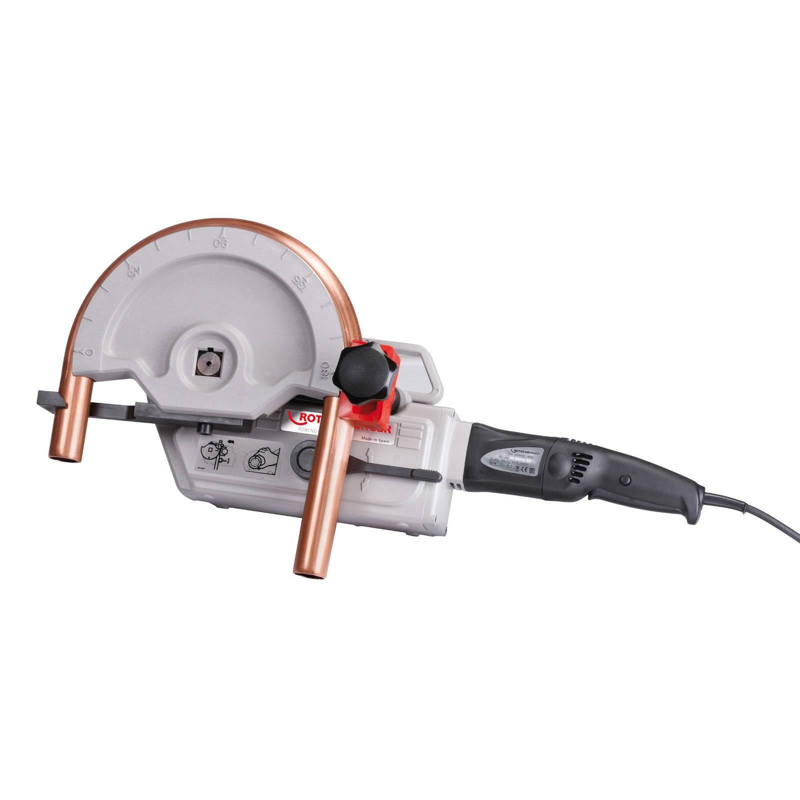 Ein Elektrowerkzeug mit kupferfarbenen Griffen und einem schwarzen Griff, das eine kreisförmige Komponente mit Maßstrichmarkierungen und ein sichtbares Netzkabel aufweist.