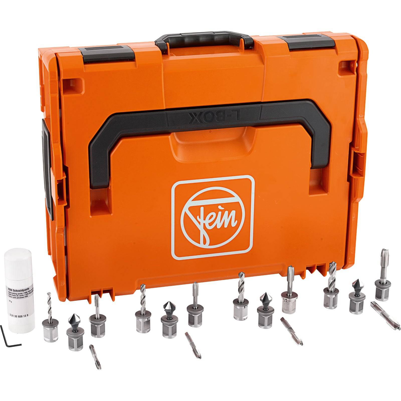 Orangefarbene Werkzeugkoffer mit 'Fein' Logo, umgeben von verschiedenen Bohrern und Zubehör, die einen kompletten Bohrersatz präsentieren.