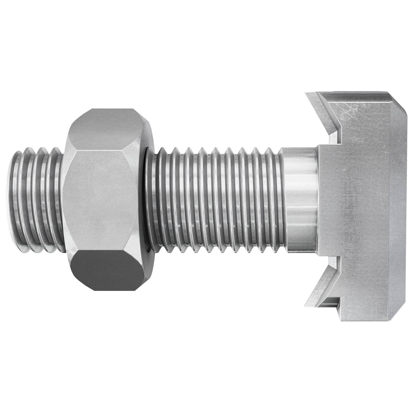 Eine metallische T-Nut-Schraube mit einer Sechskantmutter, die den gerillten Gewindeabschnitt zeigt, die zum Befestigen von Komponenten in Maschinenaufbauten verwendet wird.