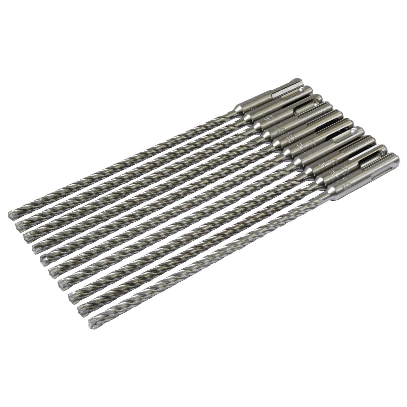 Neun Metallbohrer sind in einer Reihe angeordnet. Sie haben ein Spiraldesign und konische Spitzen, die sich zum Bohren in harte Materialien eignen.