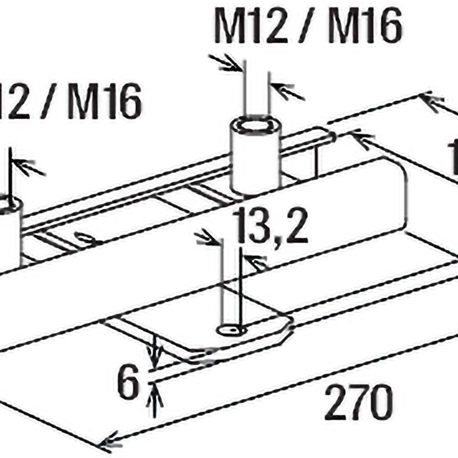 Technische Zeichnung einer Metallhalterung mit Abmessungen: Länge 270 mm, Lochdurchmesser 13,2 mm, geeignet für M12/M16 Schrauben.