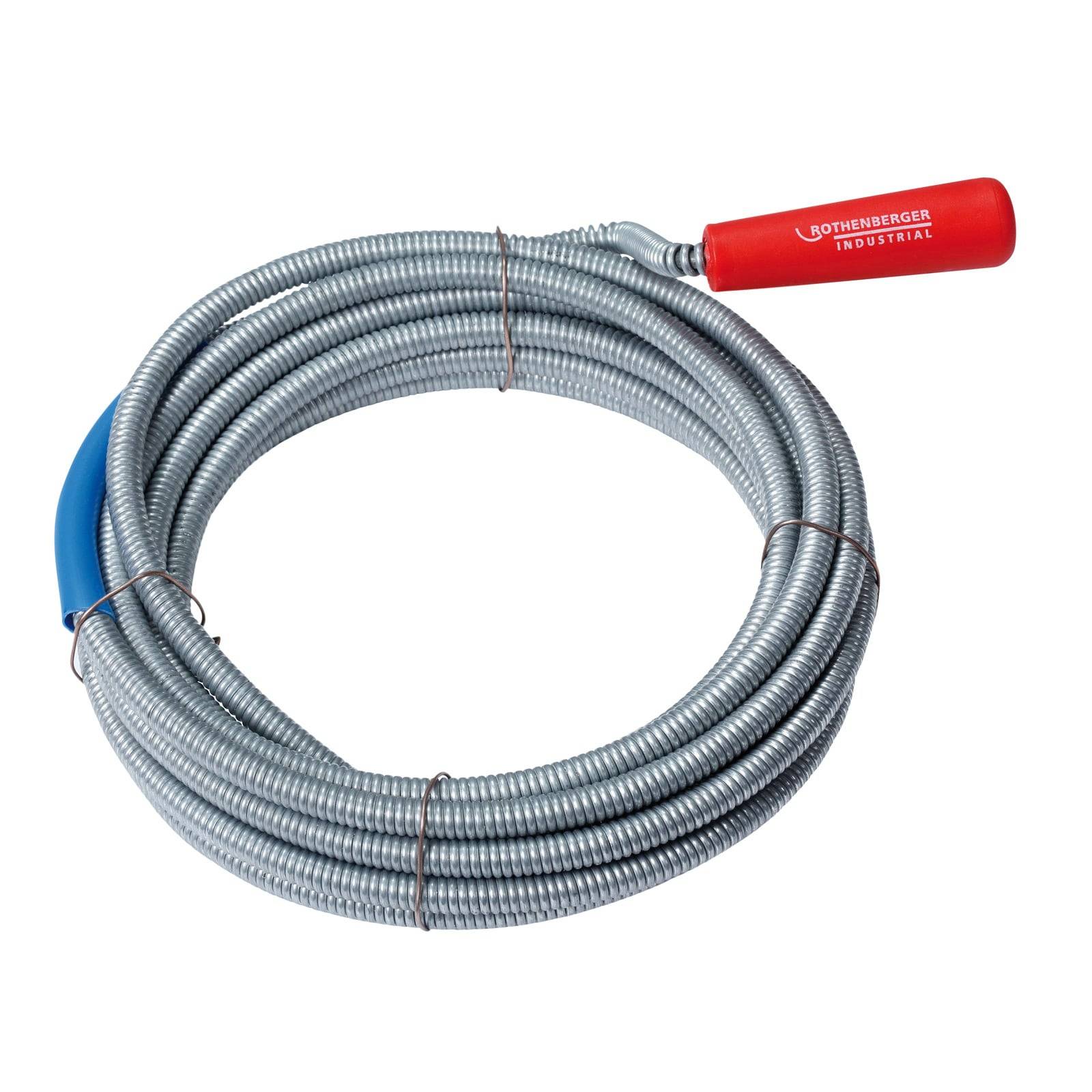 Eine aufgewickelte Metalldrahtschlange mit einem roten Griff mit der Aufschrift 