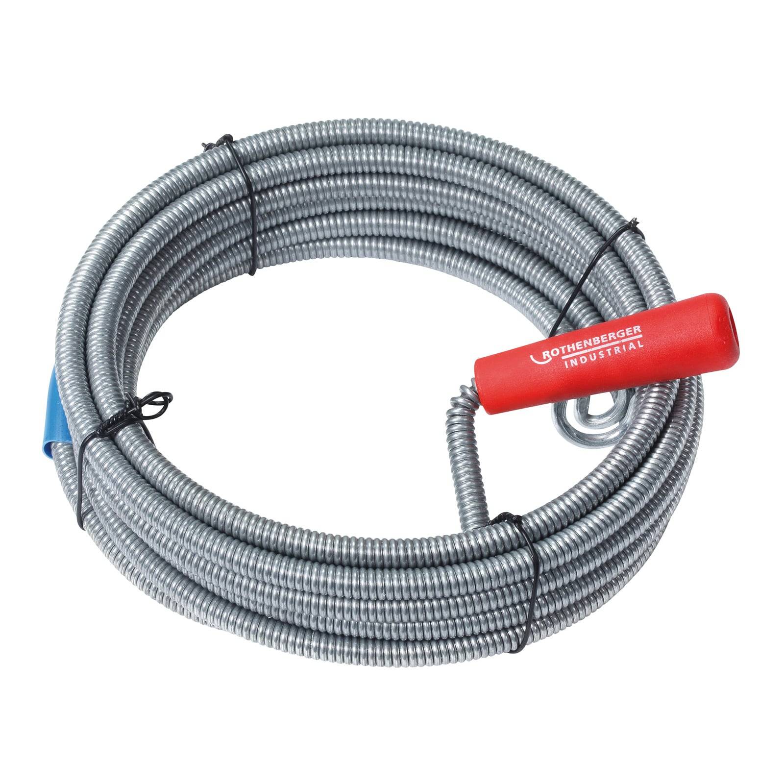 Eine aufgewickelte Metall-Rohrreinigungsschlange mit einem roten Griff, beschriftet mit 'ROTHENBERGER INDUSTRIAL', die zum Verstopfungsentfernen in Abflüssen verwendet wird.
