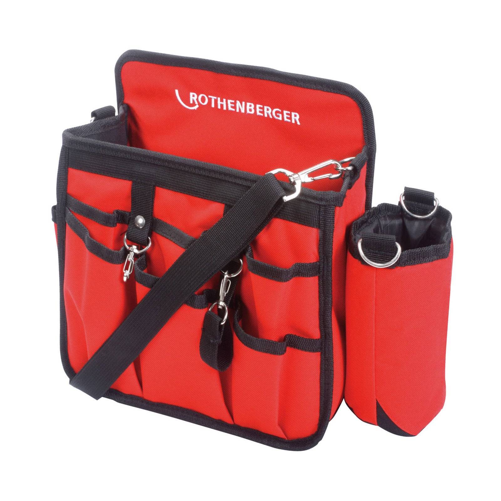Rote Werkzeugtasche mit mehreren Taschen, schwarzem Trageriemen und 'ROTHENBERGER' Schriftzug. Entwickelt zum Organisieren und Transportieren von Werkzeugen.