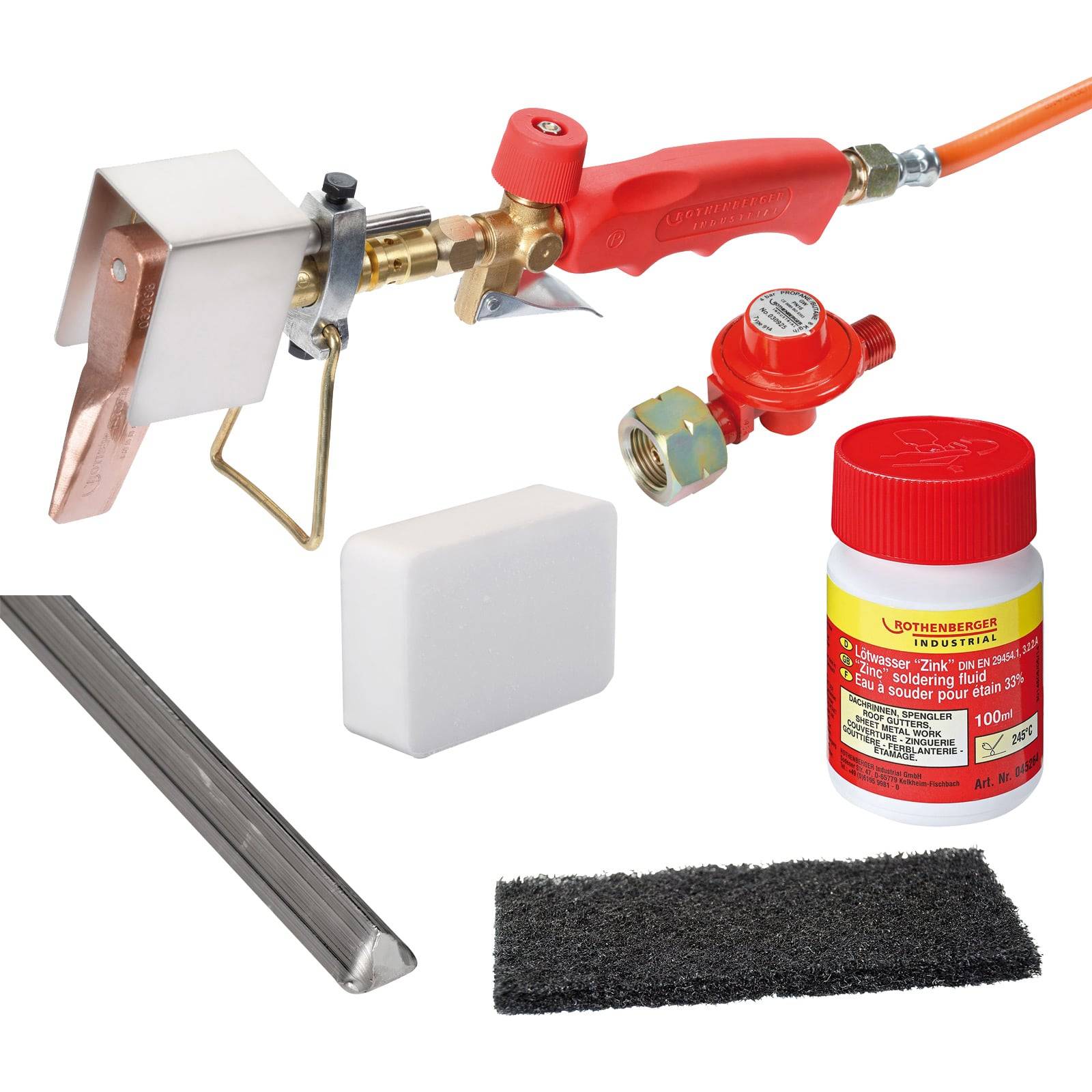 Klempner-Lötlampen-Set mit Lötlampengriff, Propan-Regler, Stahlwolle, Lötmittel, Silberlötdraht und einem Reinigungsblock.