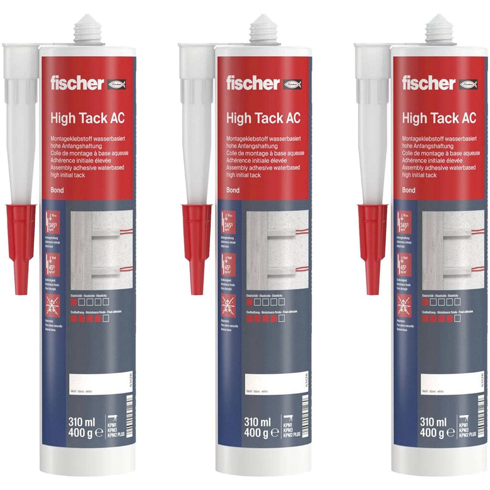 Tuben von fischer High Tack AC Klebstoff mit Applikationsdüsen, gekennzeichnet als 310 ml und 400 g. Rote und blaue Verpackung mit Produktdetails.