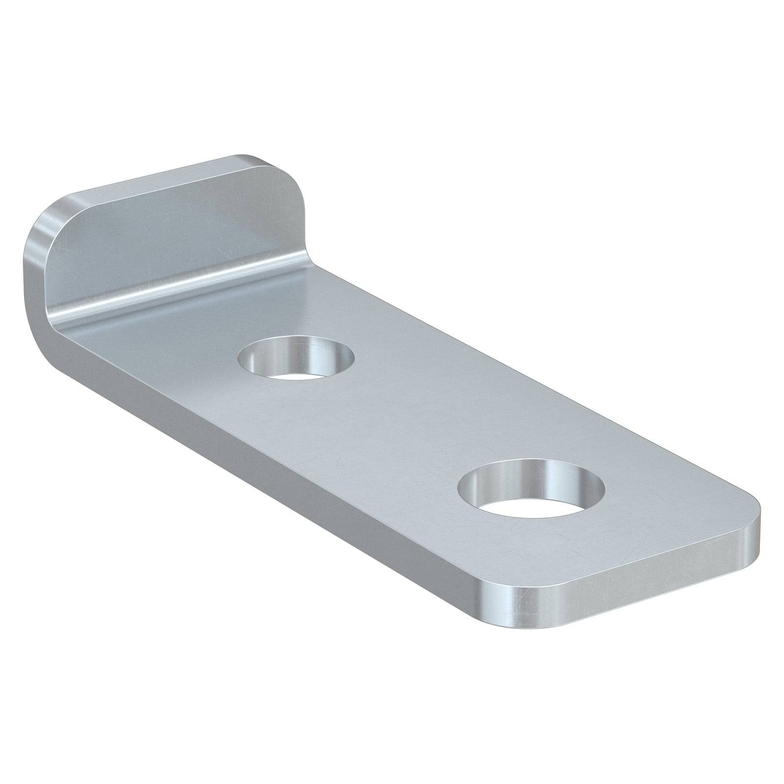 Eine flache, L-förmige Metallhalterung mit zwei kreisrunden Löchern im längeren Teil, die für Montage- oder Stützungszwecke konzipiert ist.