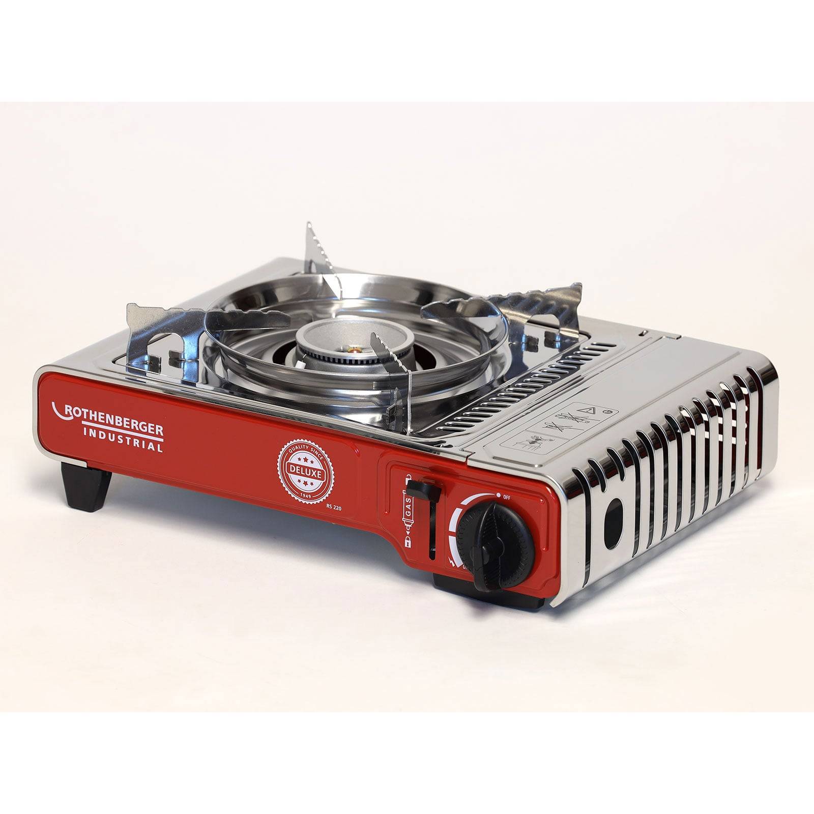 Ein tragbarer Campingkocher mit einem Brenner in Rot und Silber, der Marke 'Rothenberger Industrial', mit rundem Brenner und Bedienungsknopf.