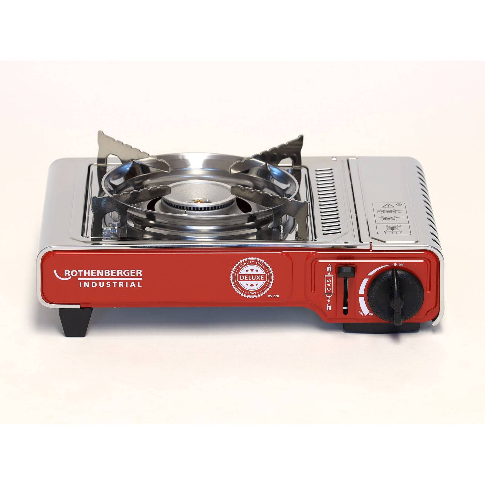 Ein tragbarer Gaskocher mit einem Brenner und roter Frontblende, ausgestattet mit einem Drehregler und der Markenbezeichnung 'Rothenberger Industrial'.