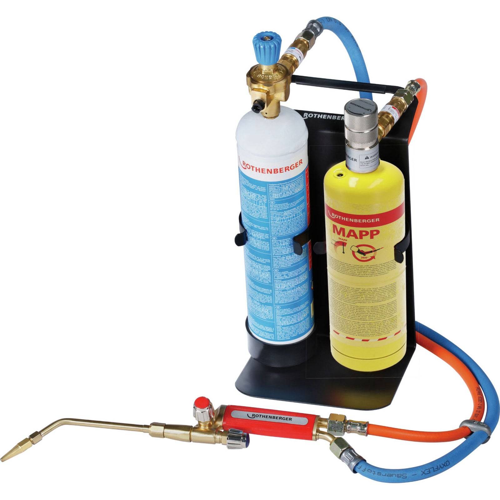 Ein tragbares Lötbrenner-Set mit zwei Gaskanistern, die in einem Ständer befestigt sind und über Schläuche mit einer Düse mit Steuerventil verbunden sind.