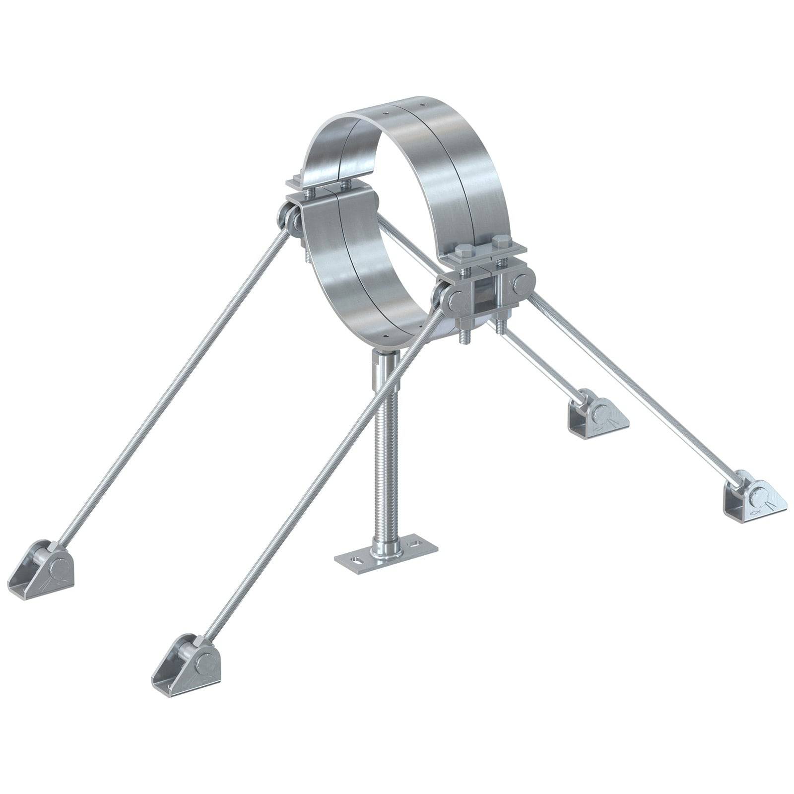 Eine Metallrohrstütze mit verstellbaren Armen und einer Basis, die für die Stabilisierung und Befestigung von Rohren in industriellen Umgebungen konzipiert ist.