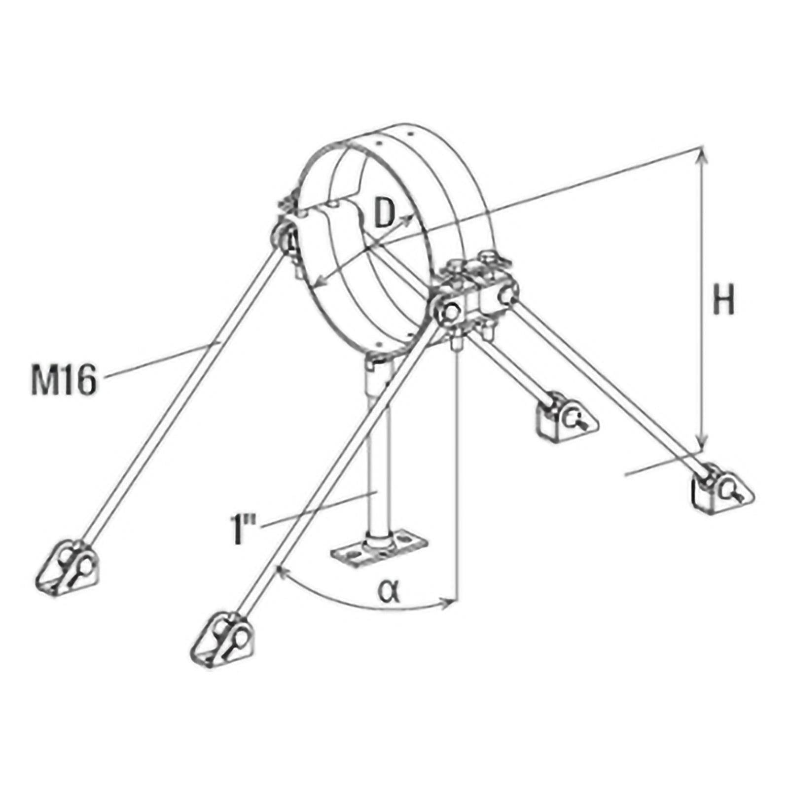 Diagramm einer Rohrabstützung mit beschrifteten Abmessungen: M16 Schraubengröße, Durchmesser D, Höhe H, 1