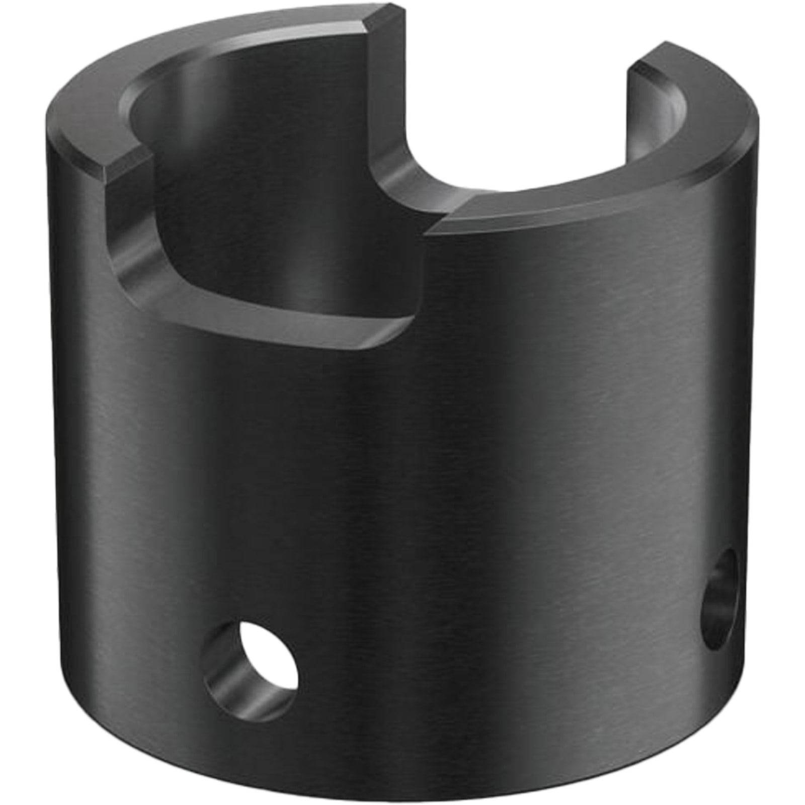 Eine zylindrische Metallkomponente mit zwei Löchern und einem U-förmigen Schlitz, die typischerweise in mechanischen Baugruppen verwendet wird.