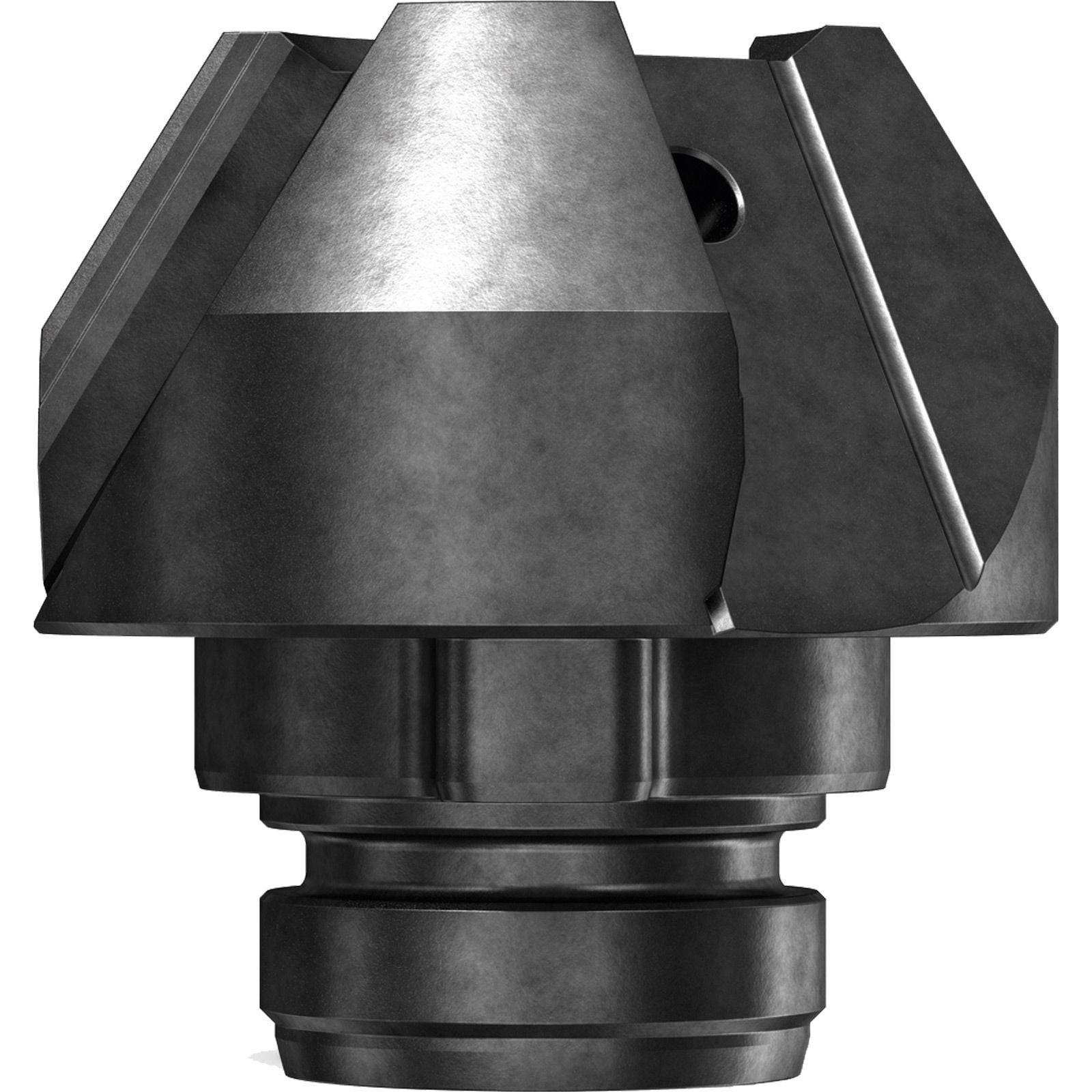 Ein Metallteil mit einer eckigen, dreieckigen Form und zylindrischer Basis, wahrscheinlich für Bearbeitungs- oder Fertigungsaufgaben verwendet.