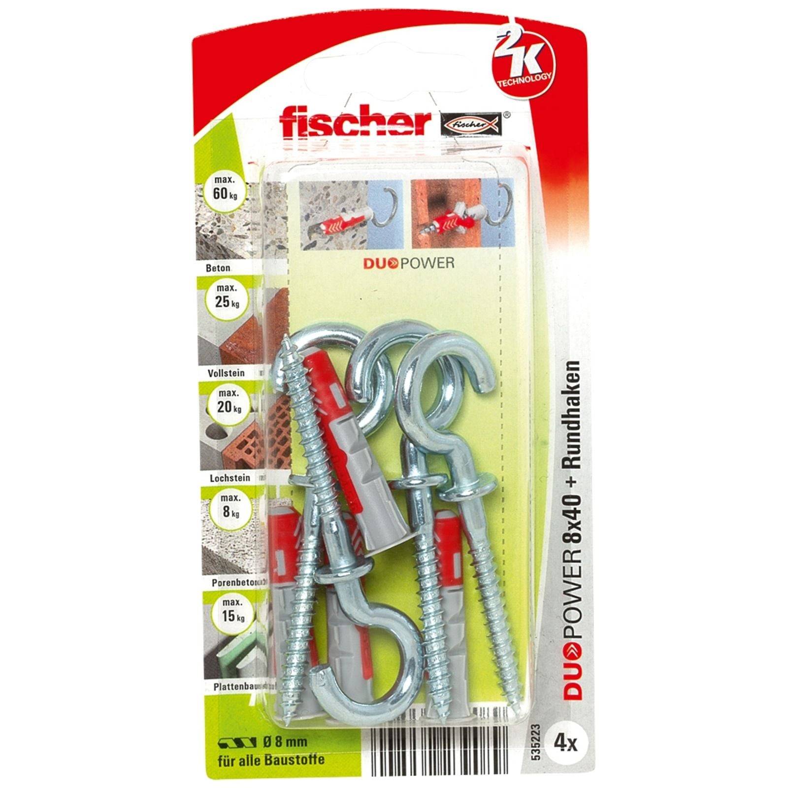 Fischer DuoPower Wandhaken-Set 8x40, geeignet für verschiedene Materialien einschließlich Beton und Putz, zeigt vier Haken auf der Verpackung.