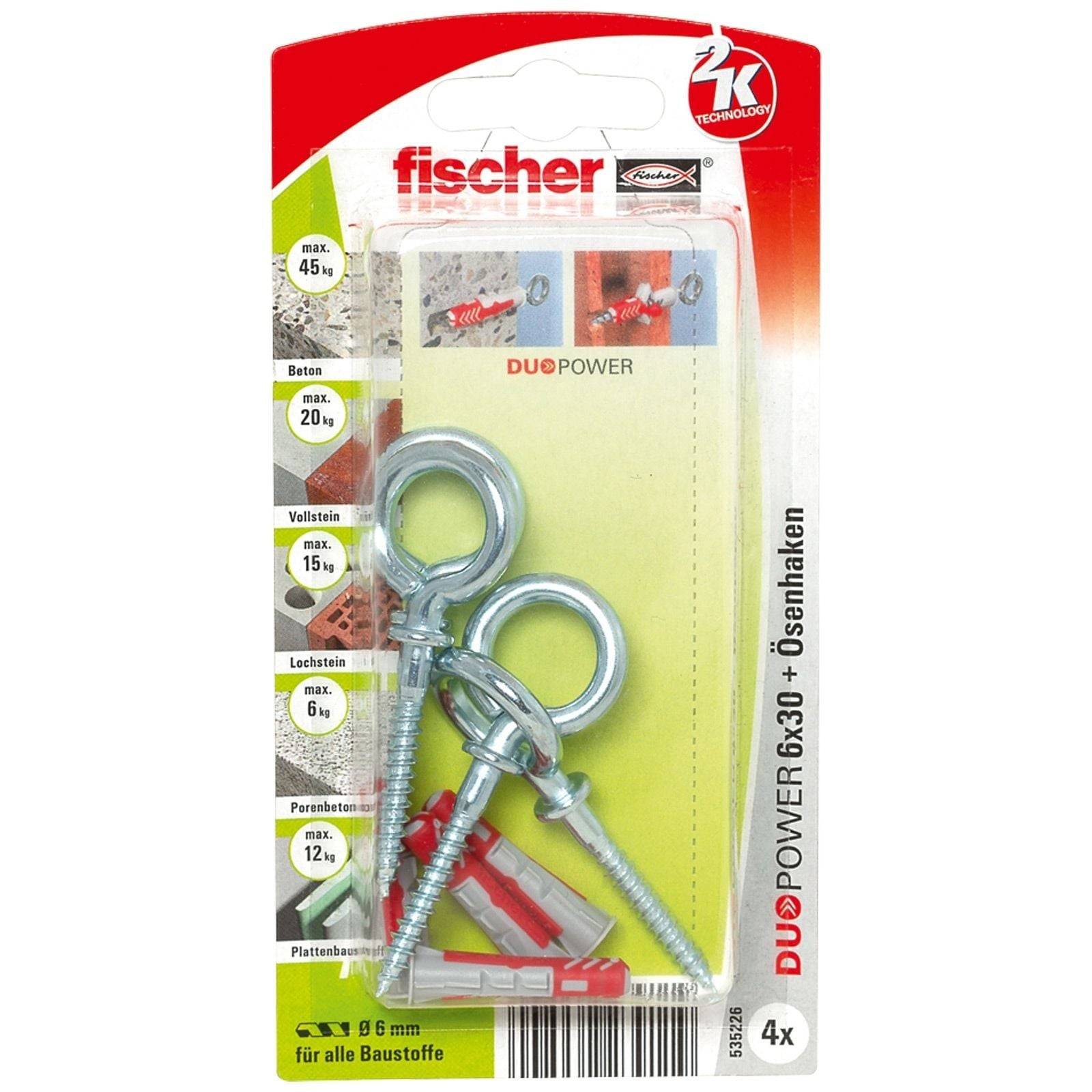 Paket mit zwei Schraubösen mit Kunststoffdübeln, gekennzeichnet für die Verwendung in verschiedenen Materialien. Marke 'fischer', Modell 'DUOPOWER 6x30'. Geeignet für Lasten bis zu 45 kg.