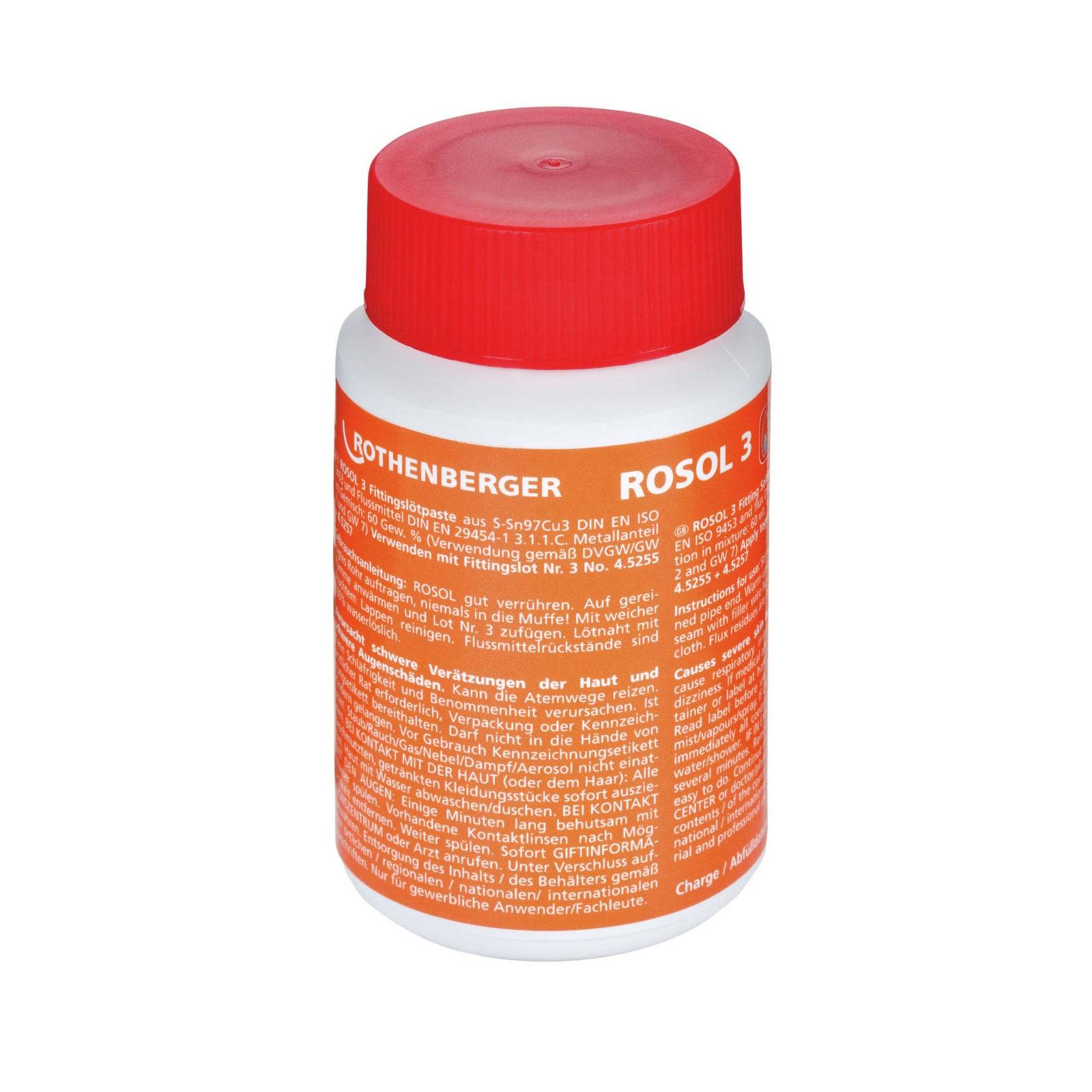 Eine Flasche mit einem roten Deckel, beschriftet mit ‚ROTHENBERGER ROSOL 3', mit deutschen Gebrauchsanweisungen und Sicherheitshinweisen.