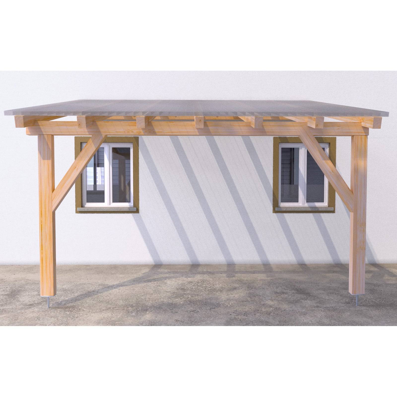 Eine Holzpergola steht vor einer weißen Wand mit zwei Fenstern und wirft Schatten auf den Boden.