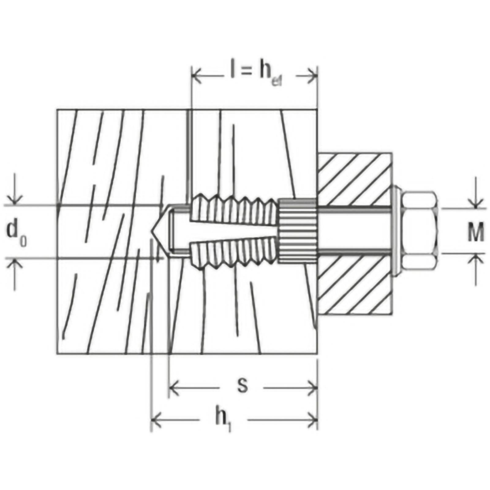 Technische Darstellung einer Holzschraube im Holzquerschnitt, mit Dimensionen einschließlich Durchmesser (d₀), Länge (l, hₑf) und Abstand (s, h₁).